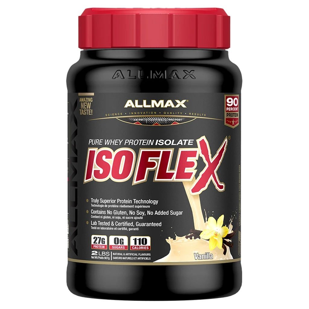 A black plastic tub of Allmax IsoFlex Pure Whey Protein Isolate in Vanilla flavor, featuring a bright red ribbed cap and a detailed black label with red and white text.
