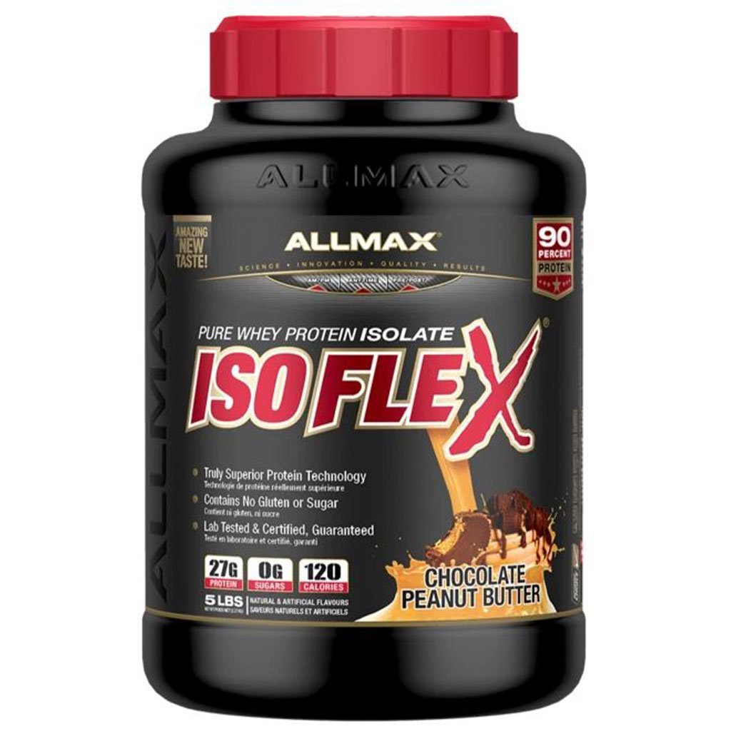 A black plastic tub of Allmax Isoflex Pure Whey Protein Isolate in Chocolate Peanut Butter flavor, featuring a red cap and a black label with red and white text.