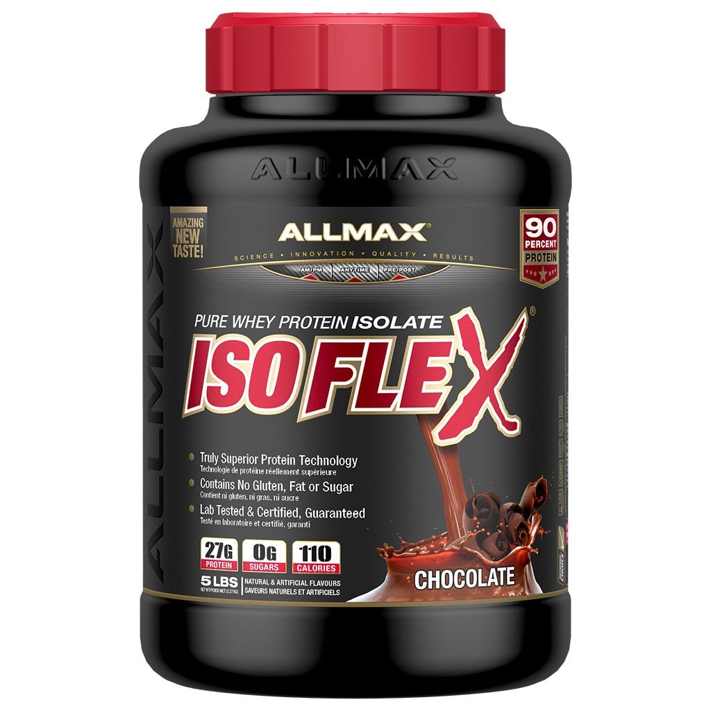 A black tub of Allmax IsoFlex Pure Whey Protein Isolate in Chocolate flavor, featuring a red cap and a detailed black label with red and white text.