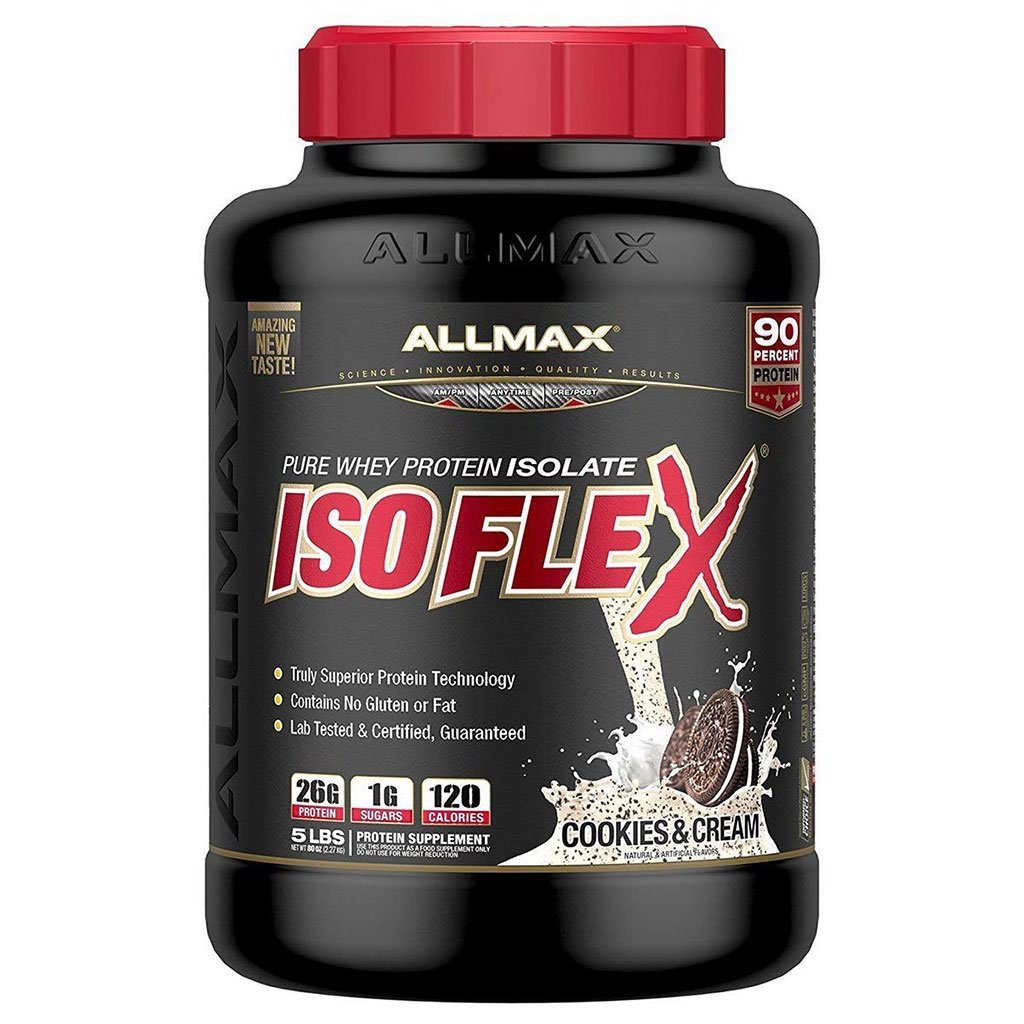 Allmax ISO FLEX protein supplement container with red lid on a white background
