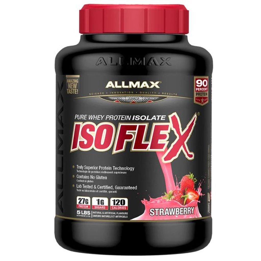 A black plastic tub of Allmax ISO FLEX Pure Whey Protein Isolate in Strawberry flavor, featuring a red cap and a label with red and white text, strawberries, and a pink splash graphic.