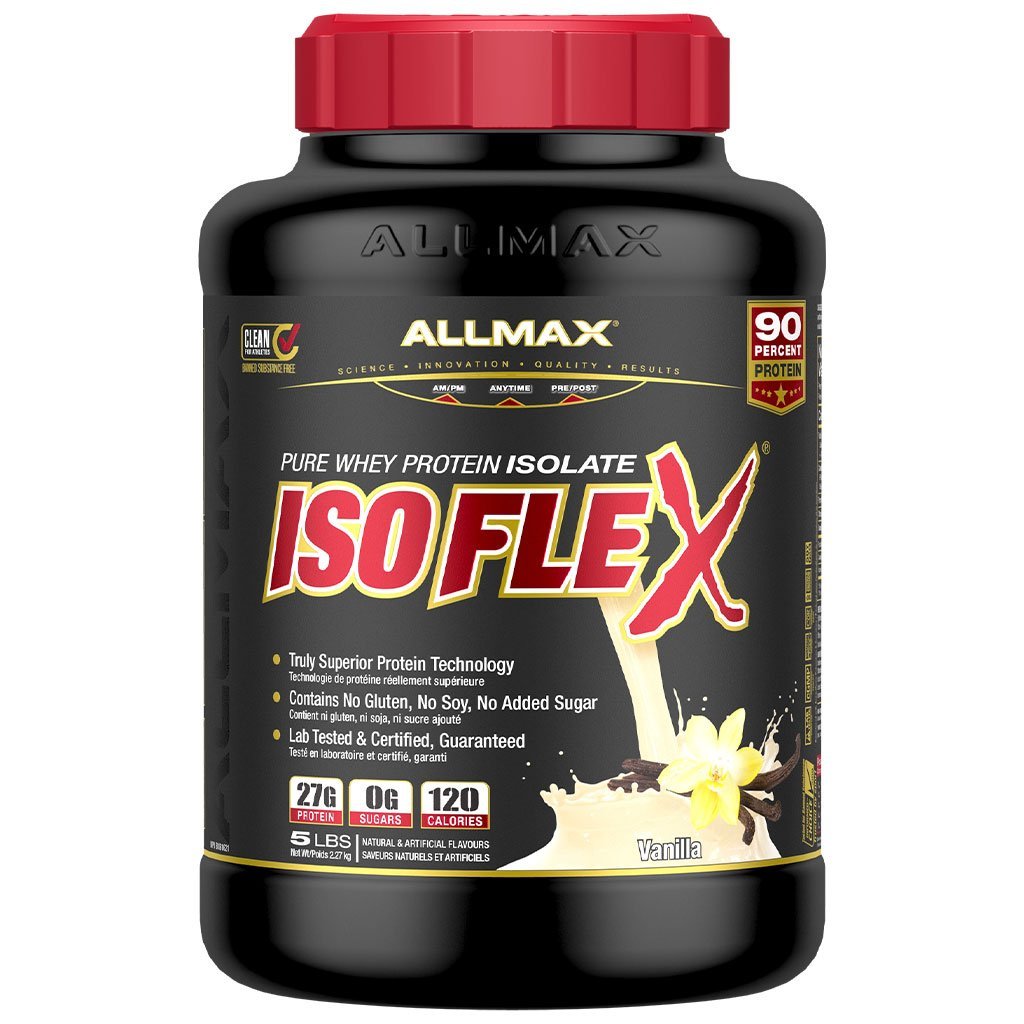 A 5 lb tub of Allmax IsoFlex Pure Whey Protein Isolate in Vanilla flavor, featuring a black container with a red cap and a black label with red and white text.