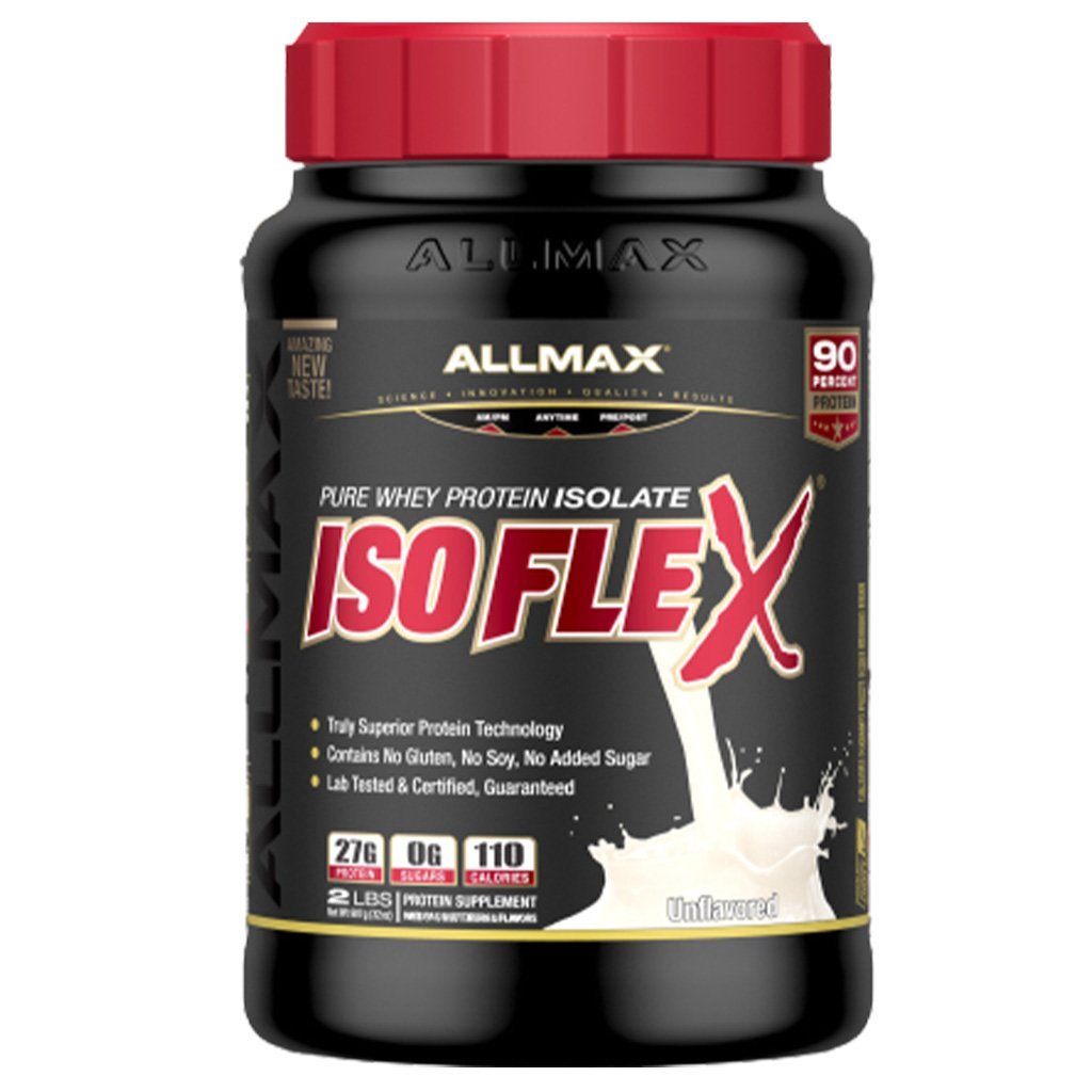 A black plastic bottle of Allmax IsoFlex Pure Whey Protein Isolate with a red cap, shown on a plain white background.
