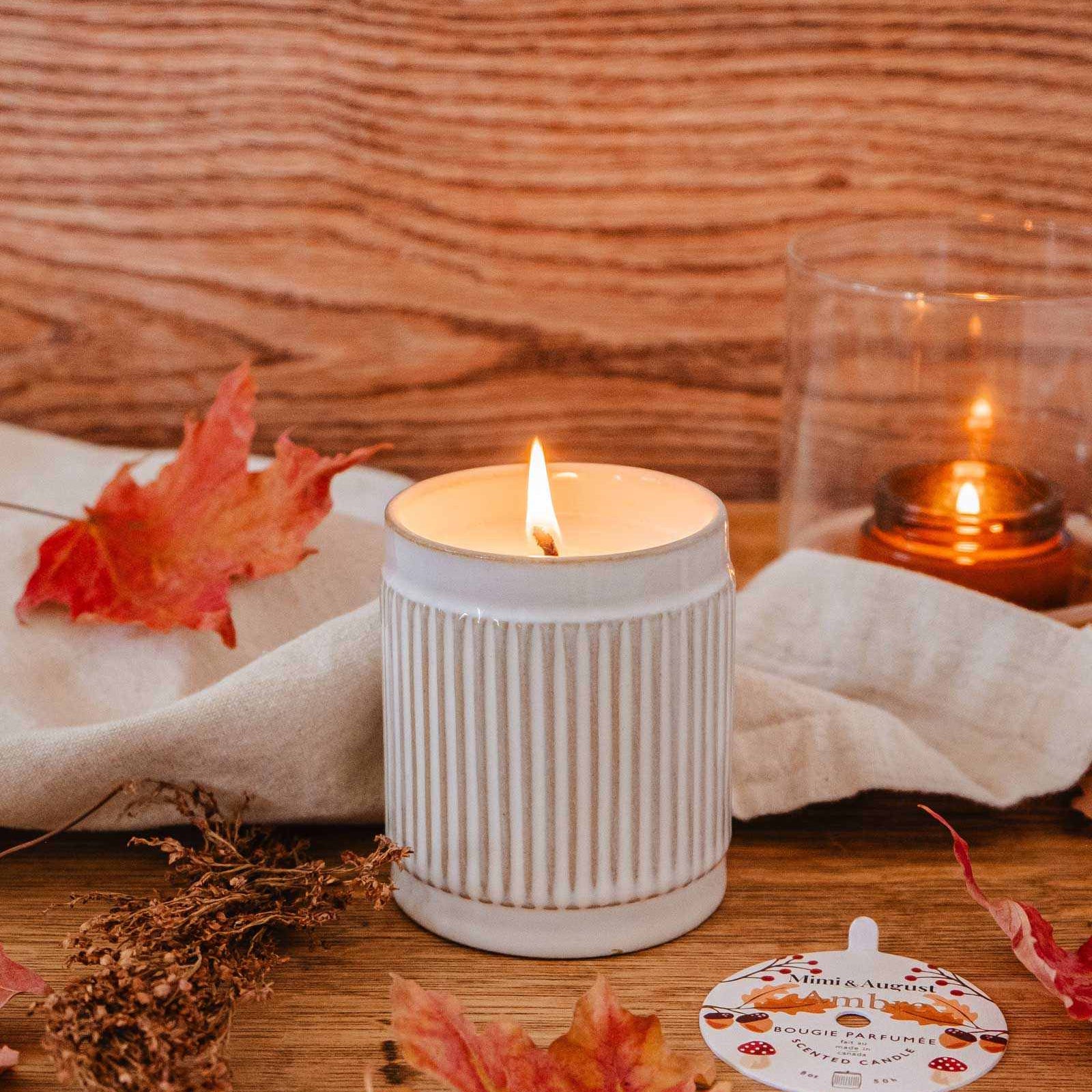 Mimi & August Ambre Reusable Soy Candle – 8 oz Ceramic Cup – Fig, Cedar & Musk Scent