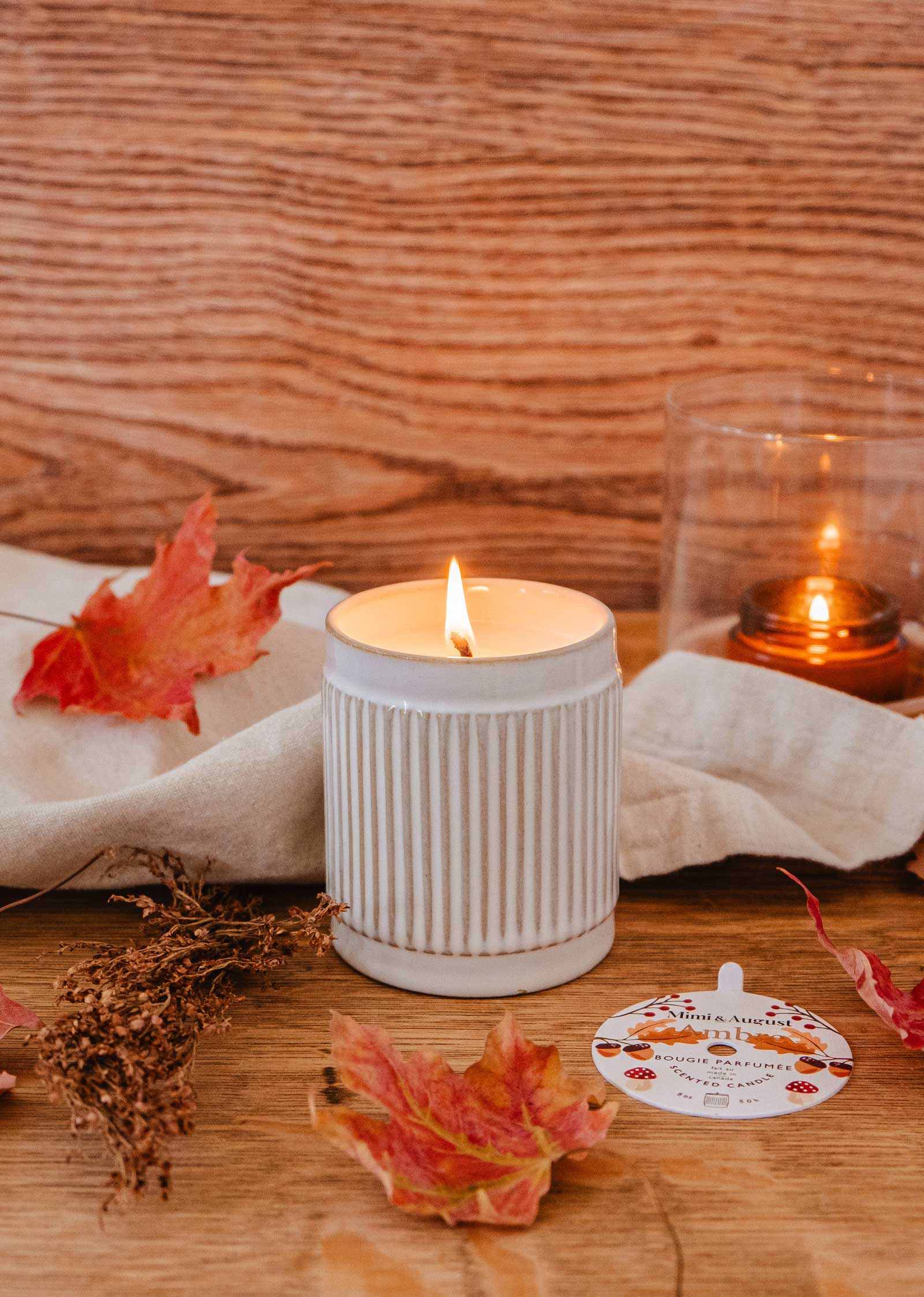 Mimi & August Ambre Reusable Soy Candle – 8 oz Ceramic Cup – Fig, Cedar & Musk Scent