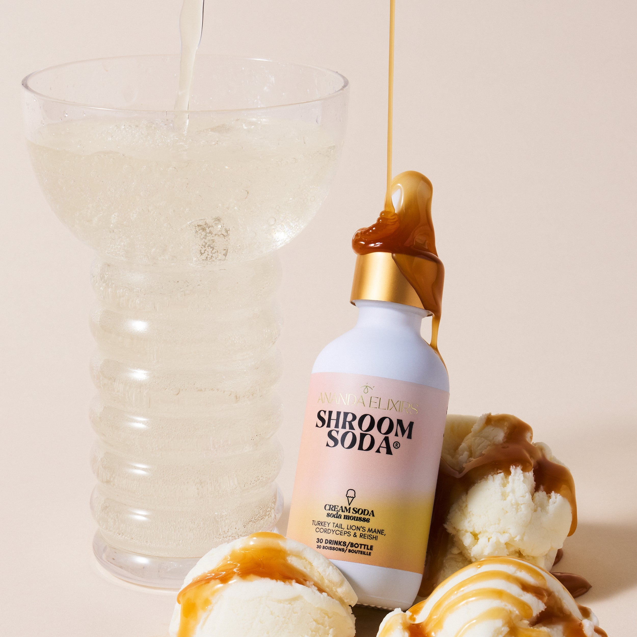Shroom Soda bottle with caramel drizzle over ice cream on a beige background