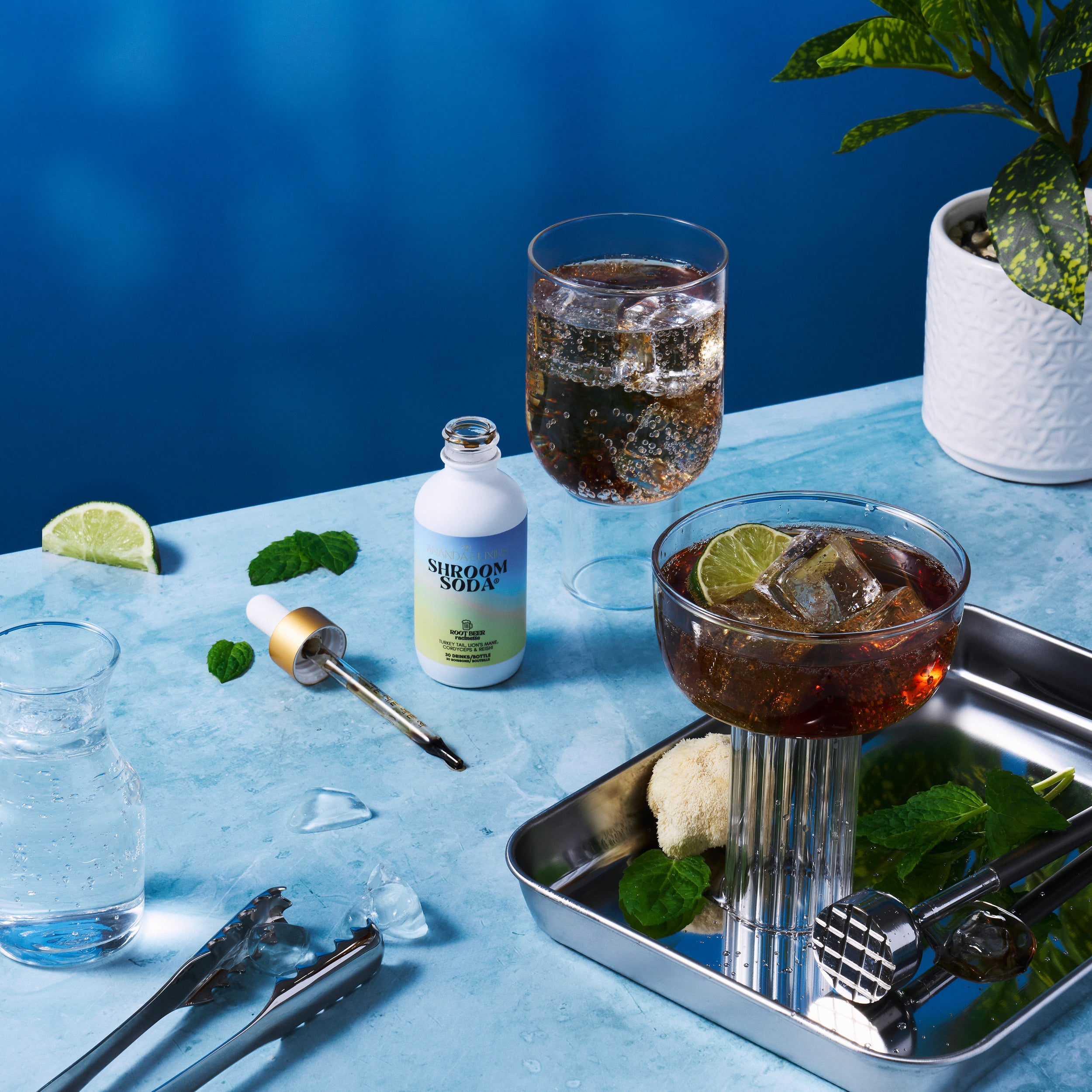 Cocktail setup with Shroom Soda bottle, glasses, and garnishes on a blue surface.