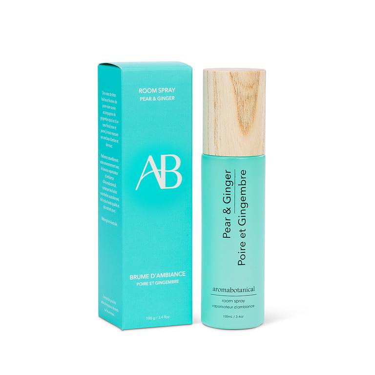 Room spray with wooden nozzle and packaging on a white background