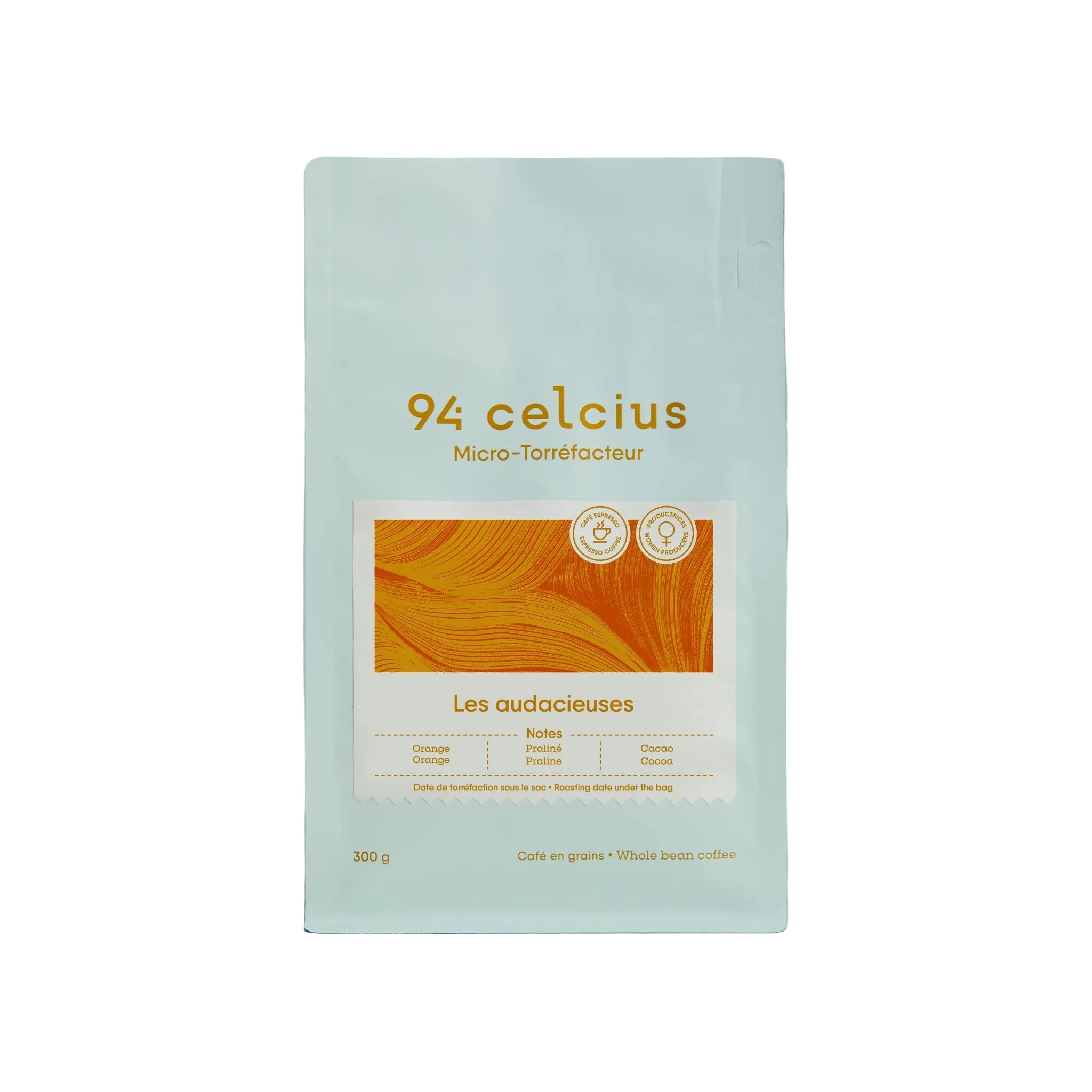 A 300g stand-up pouch of 94 celcius Micro-Torrefacteur coffee, featuring a white packaging design with a prominent orange graphic and gold lettering, set against a solid light blue background.