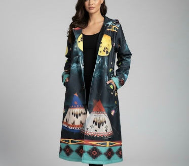 OldTribes Eternal Wolf Long Coat – Unisex Indigenous Pattern – Full Length