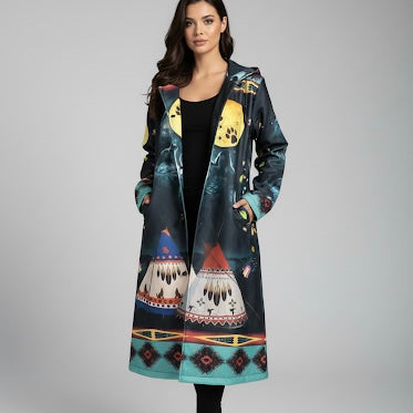 OldTribes Eternal Wolf Long Coat – Unisex Indigenous Pattern – Full Length