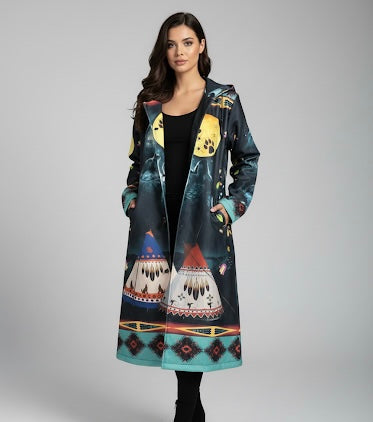 OldTribes Eternal Wolf Long Coat – Unisex Indigenous Pattern – Full Length