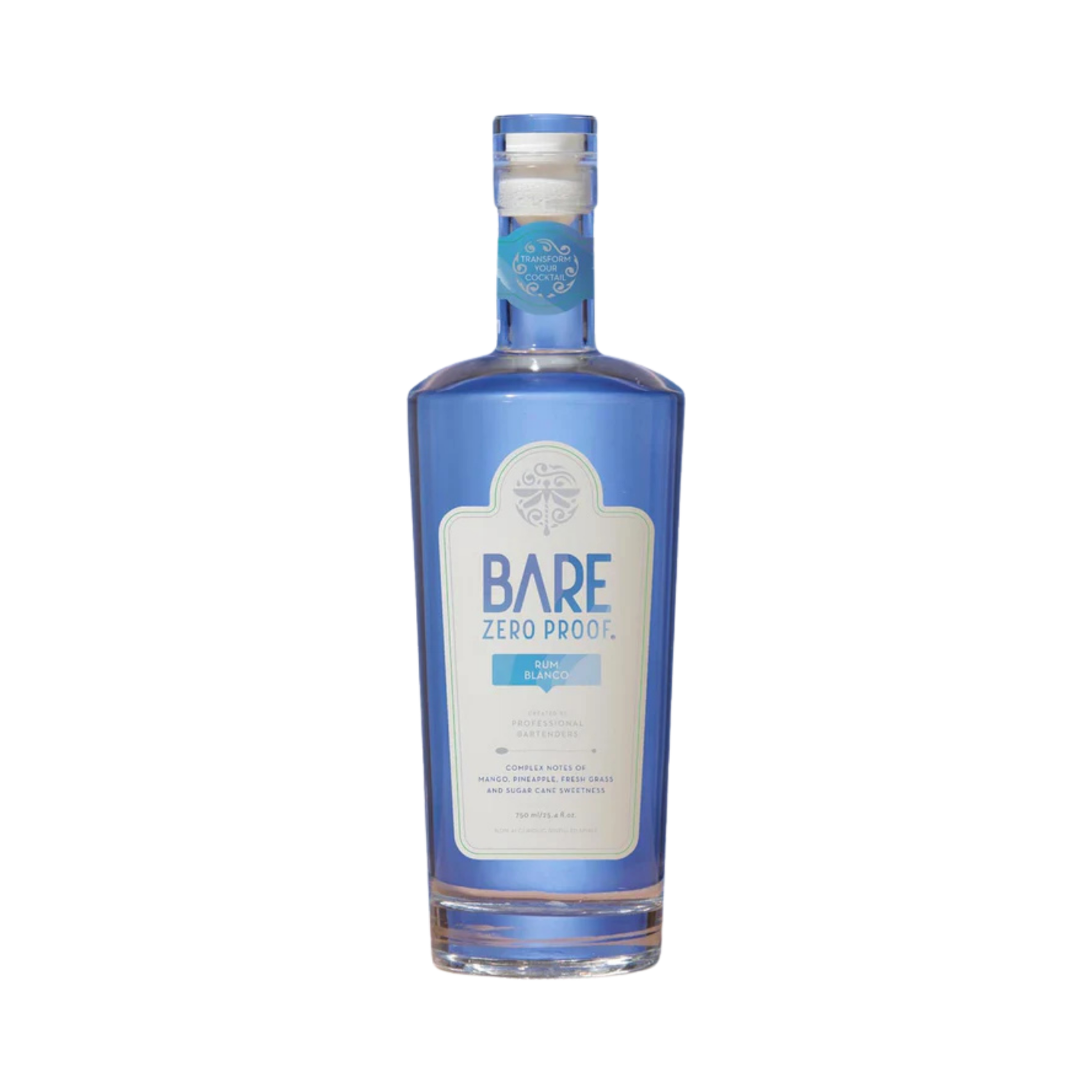 Blue bottle of Bare Zero Proof on a white background