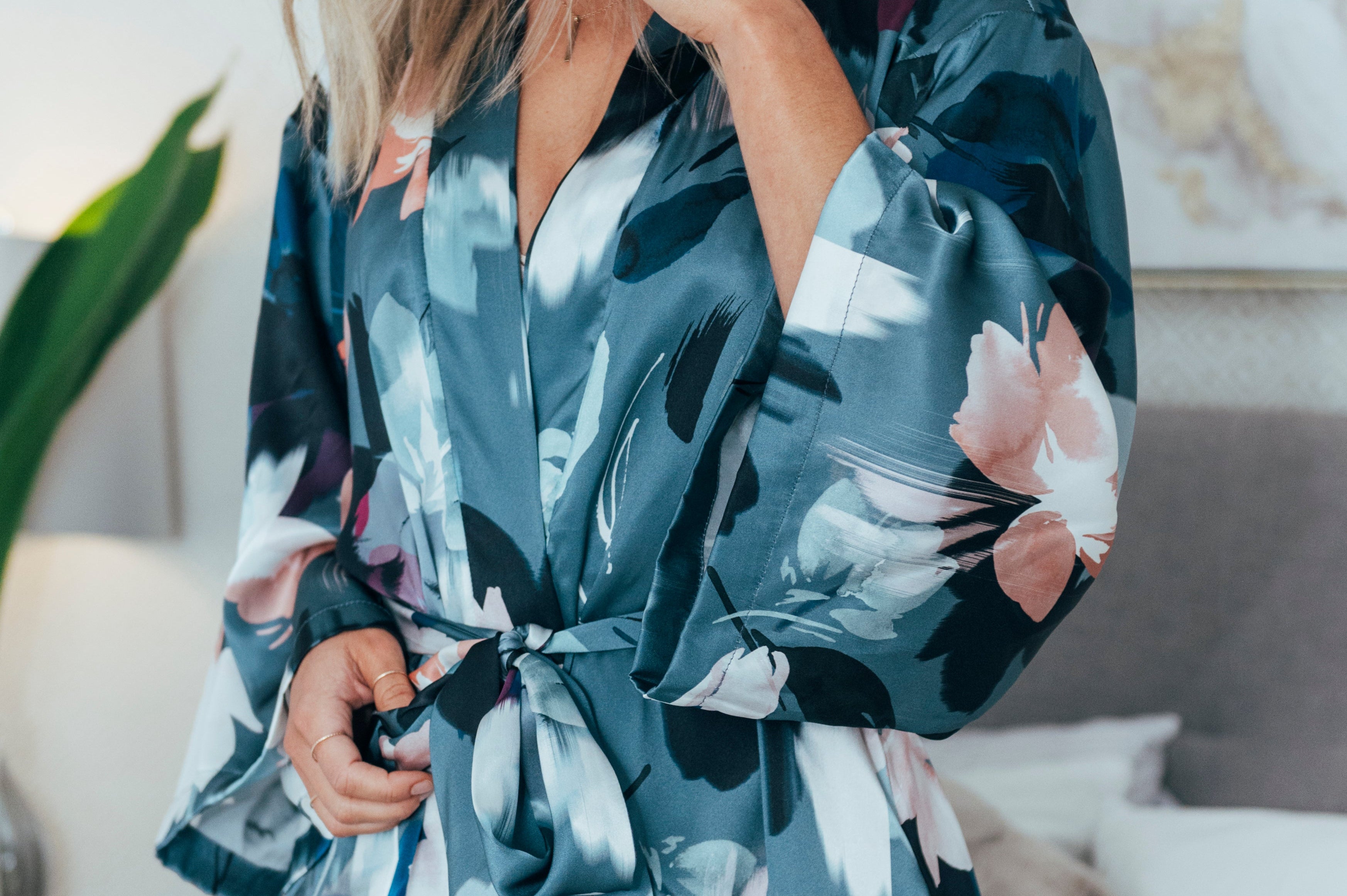 Silver Lining Short Kimono Robe indoors
