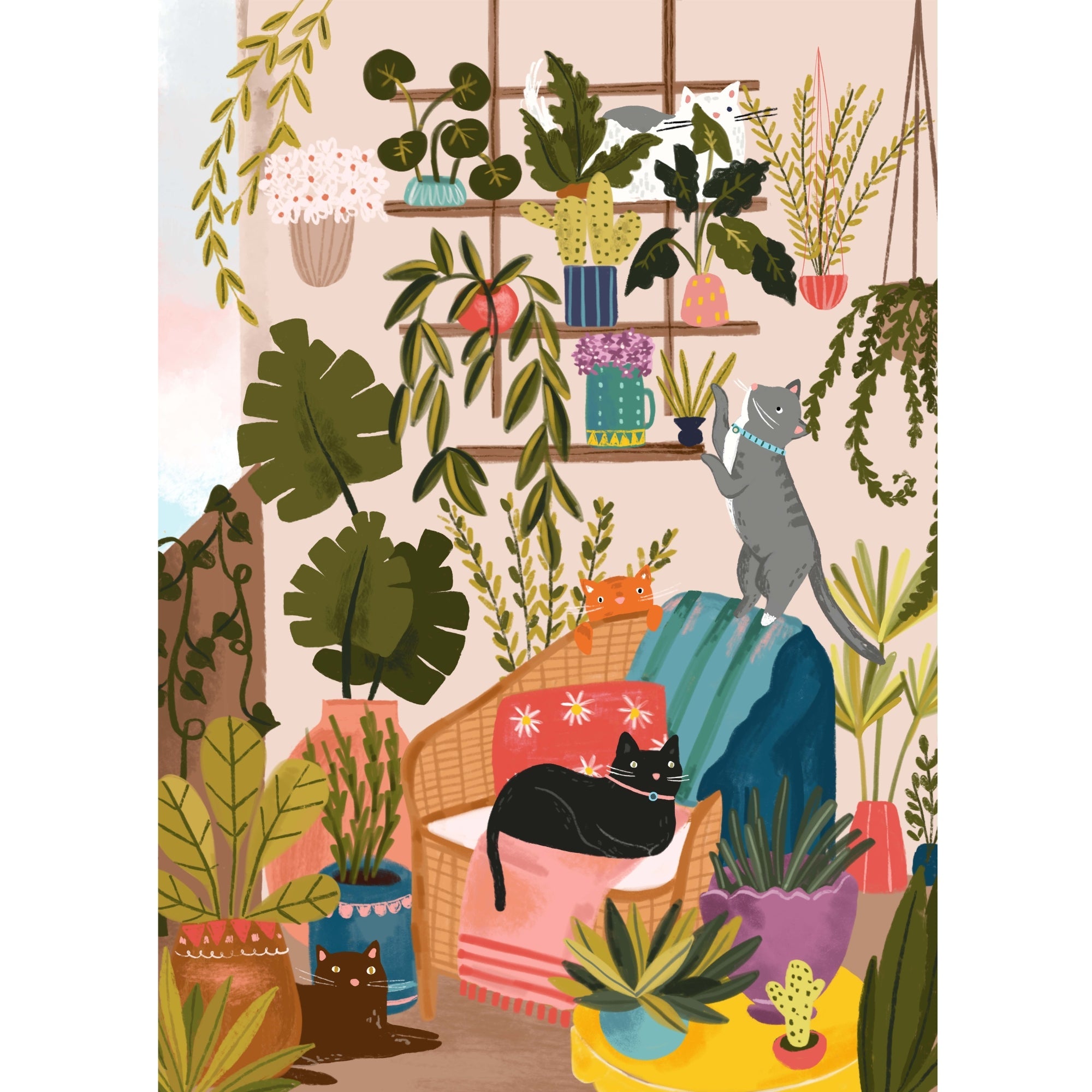 Illustration of a cozy room with cats and potted plants