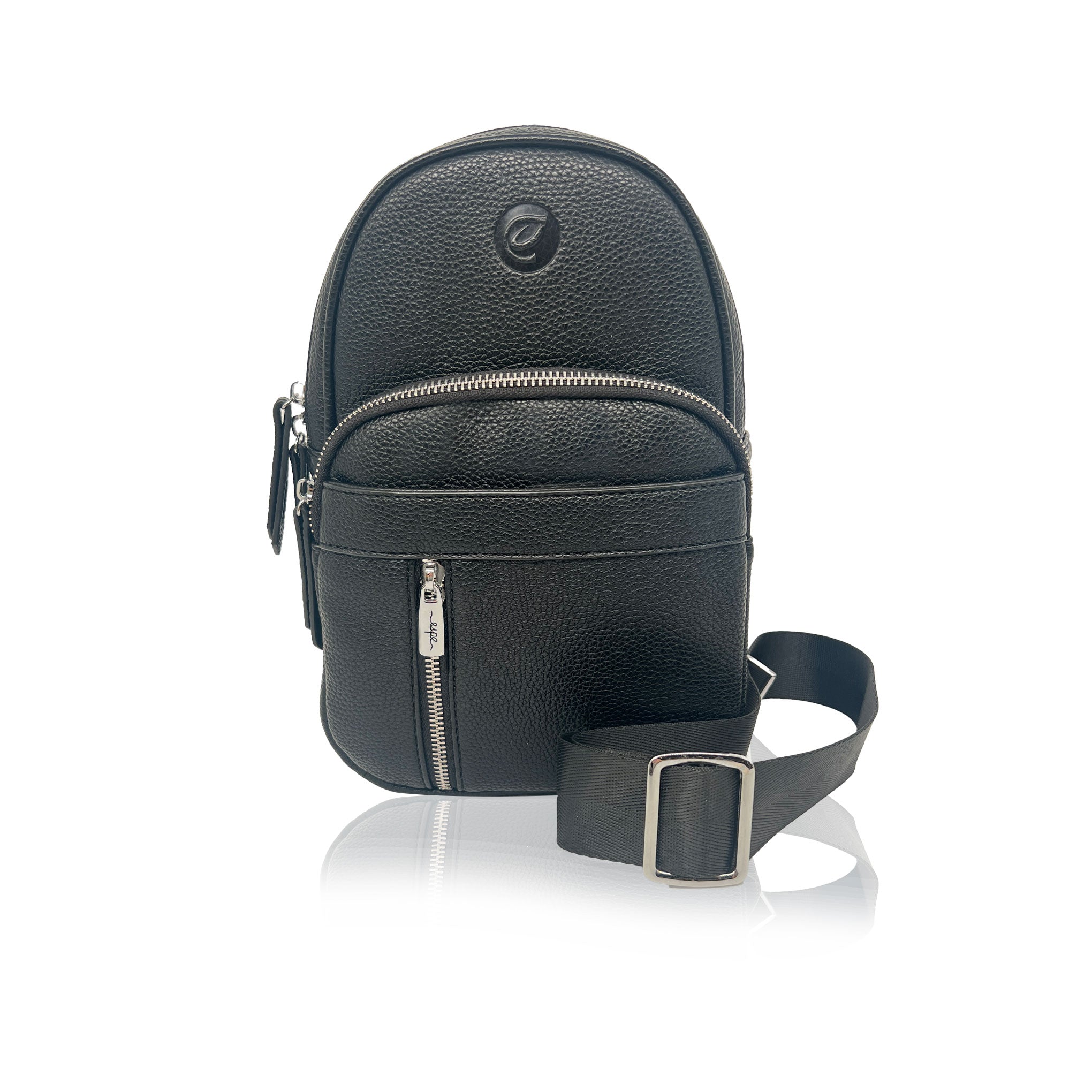 Espe Vegan Corp Black leather crossbody bag with a strap on a white background