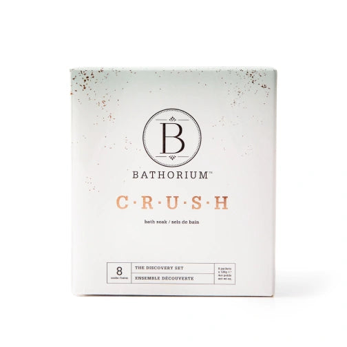 Bathorium Crush bath soak 8 pack discovery set packaging on a white background