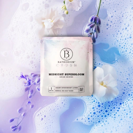 Bathorium Crush 8 Pack Midnight Superbloom single use sachet in flower bath