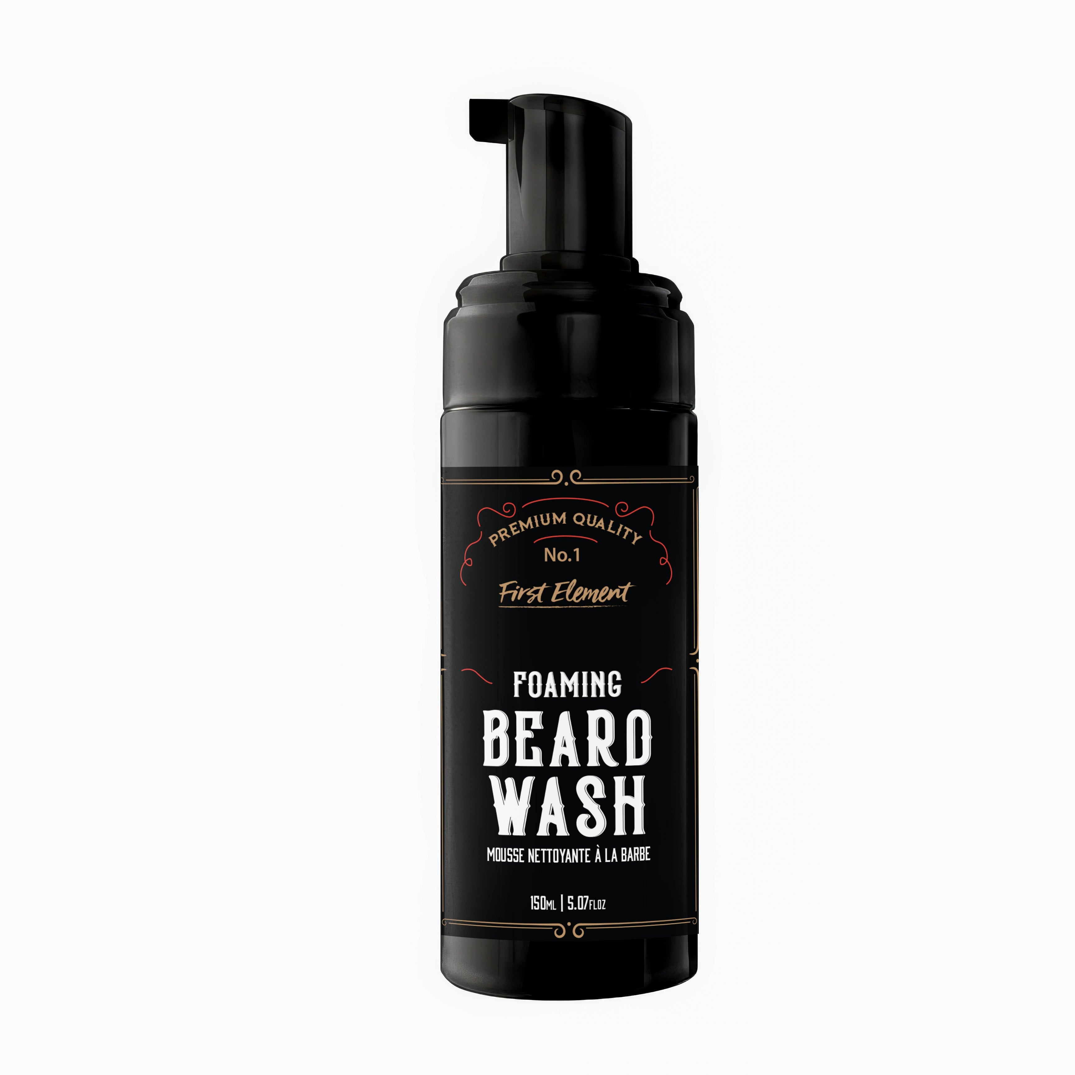 Black foam bottle of foaming beard wash with 'First Element' branding on a white background