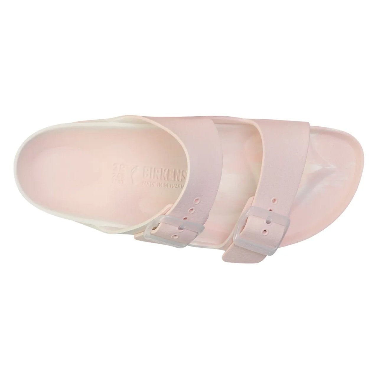 Birkenstock Arizona EVA sandals in light rose multi color, featuring translucent buckles and a lightweight design.
