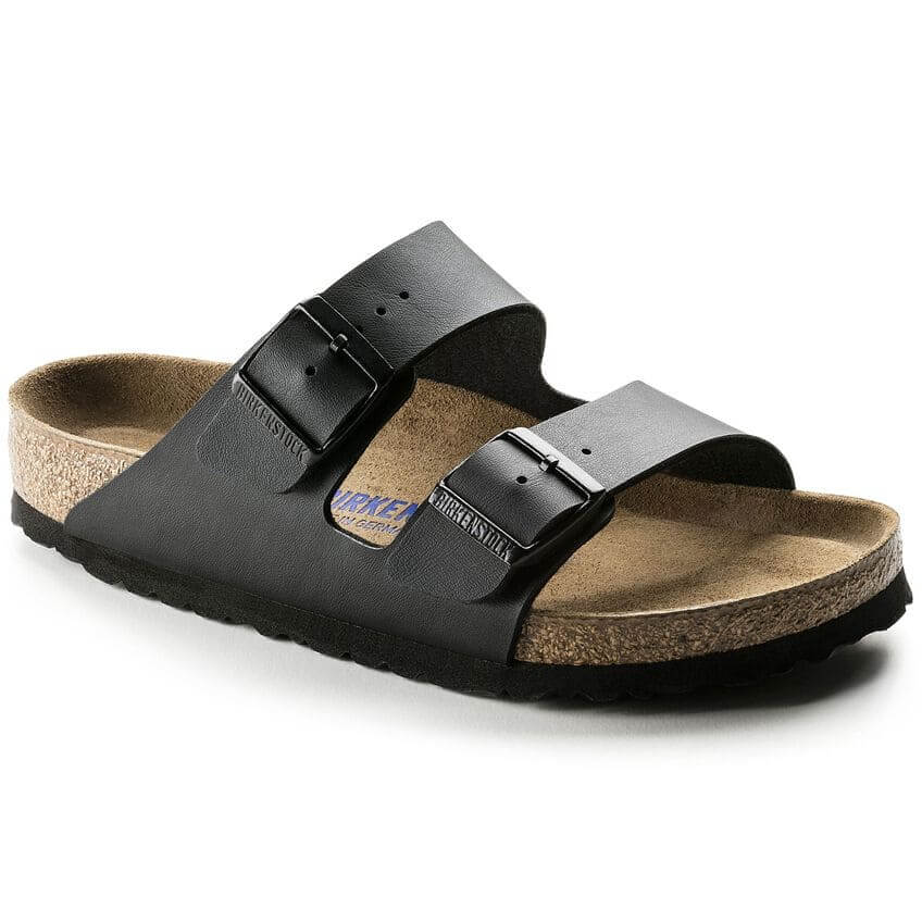 Birkenstock Arizona Soft Footbed sandal in black, featuring durable Birko-Flor and cushioning for all-day comfort.