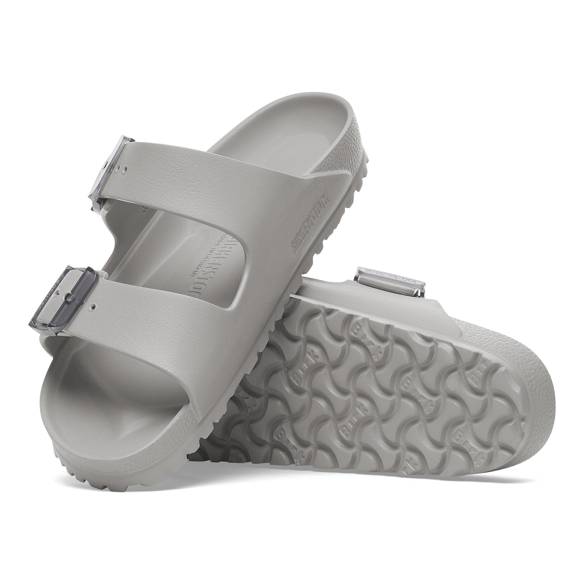 Birkenstock Arizona Stealth Buckle Stone Coin sandals in grey, lightweight and water-friendly with contoured footbed.