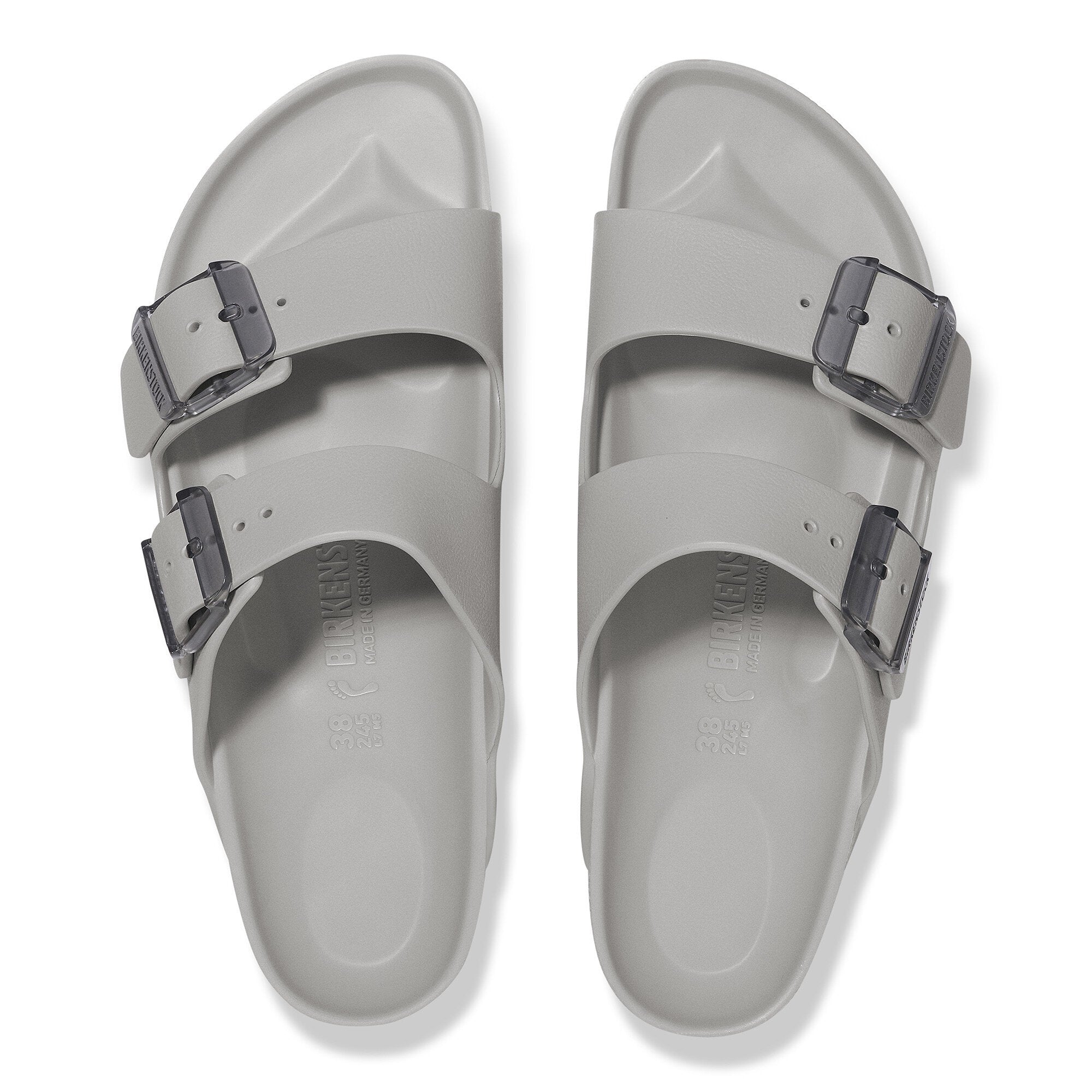 Birkenstock Arizona Stealth Buckle Stone Coin sandals, lightweight and water-friendly with comfortable contoured footbed.