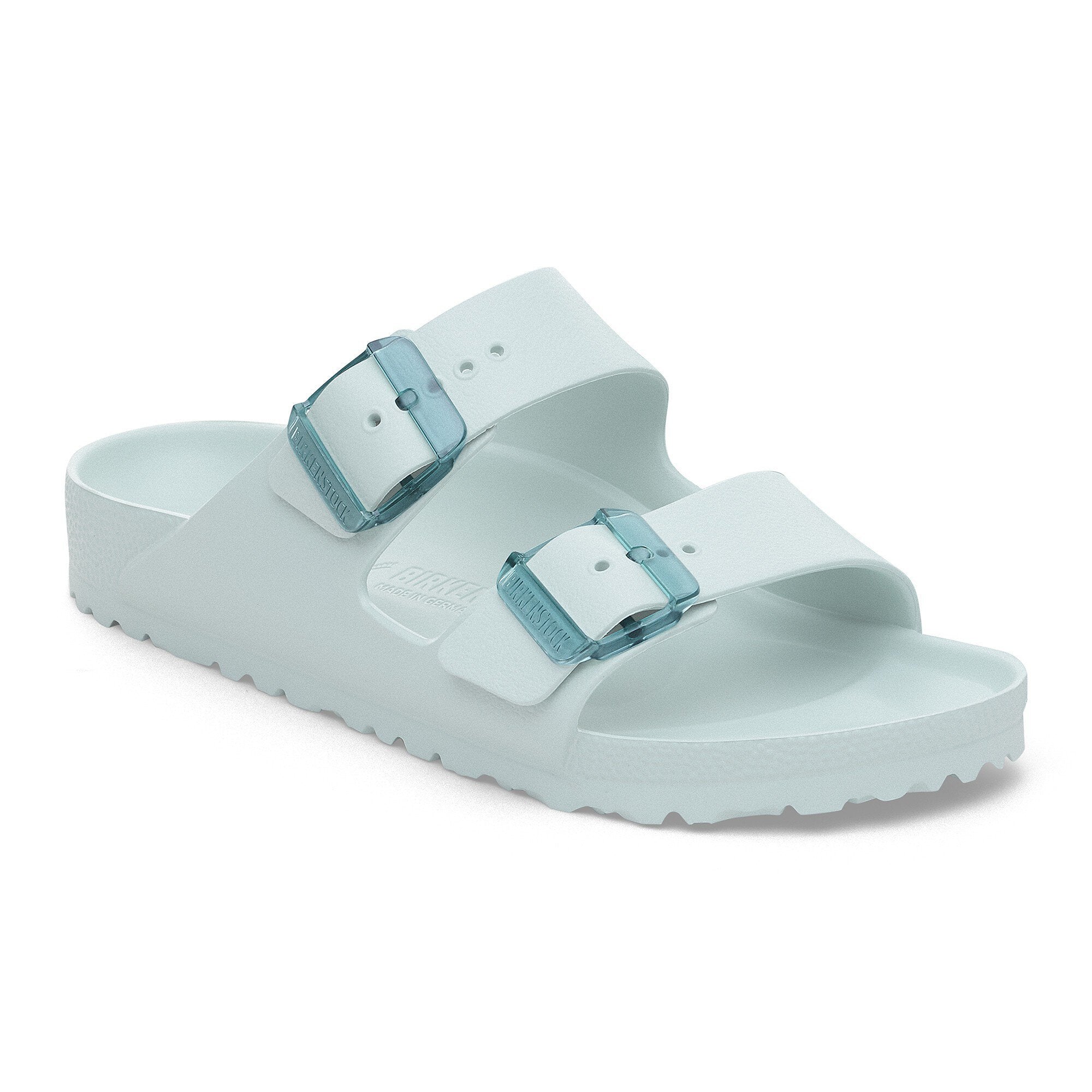 Birkenstock Arizona Stealth EVA sandals in Surf Green, lightweight and water-friendly design with translucent buckles.