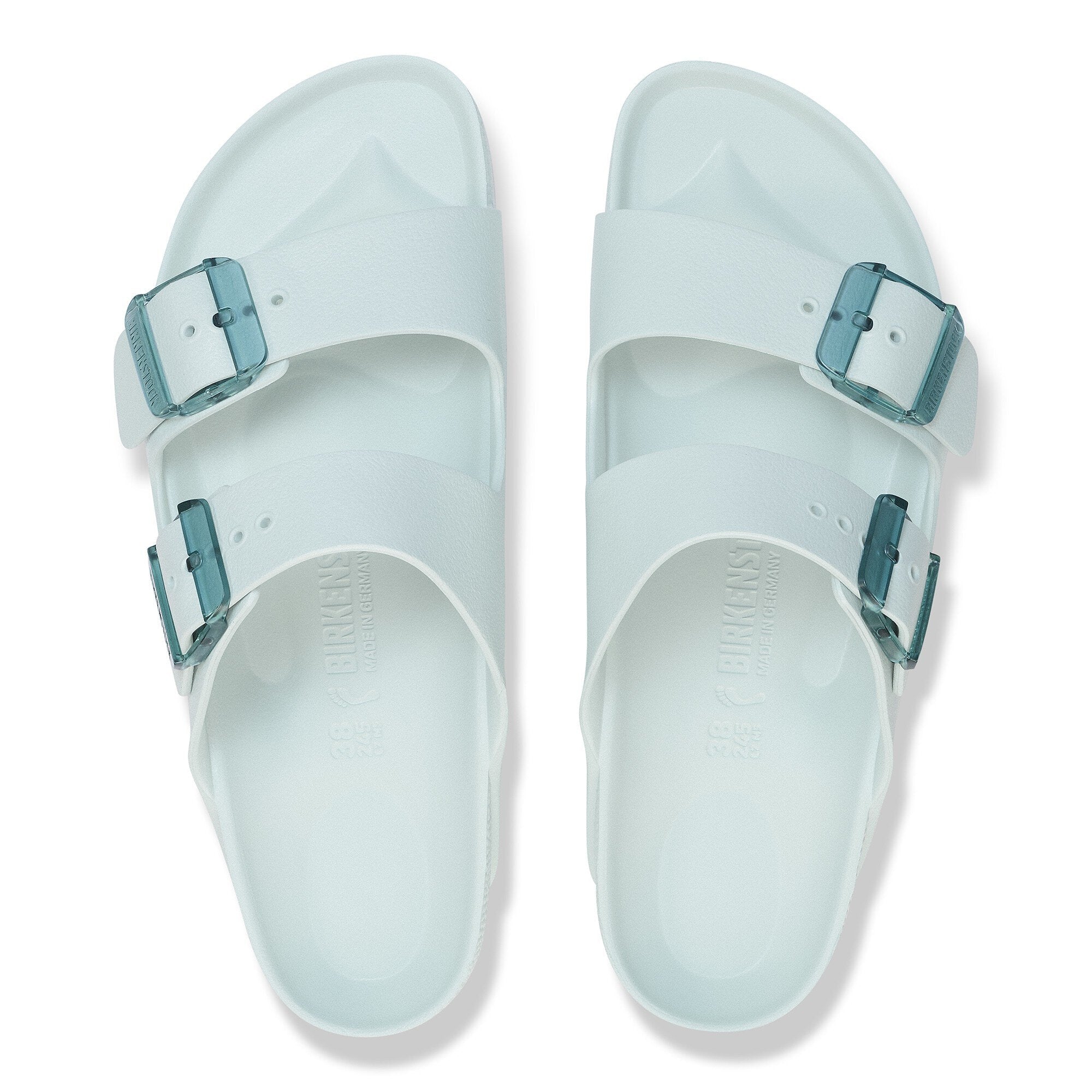 Birkenstock Arizona Stealth EVA Surf Green sandals with translucent buckles, lightweight and water-friendly design.