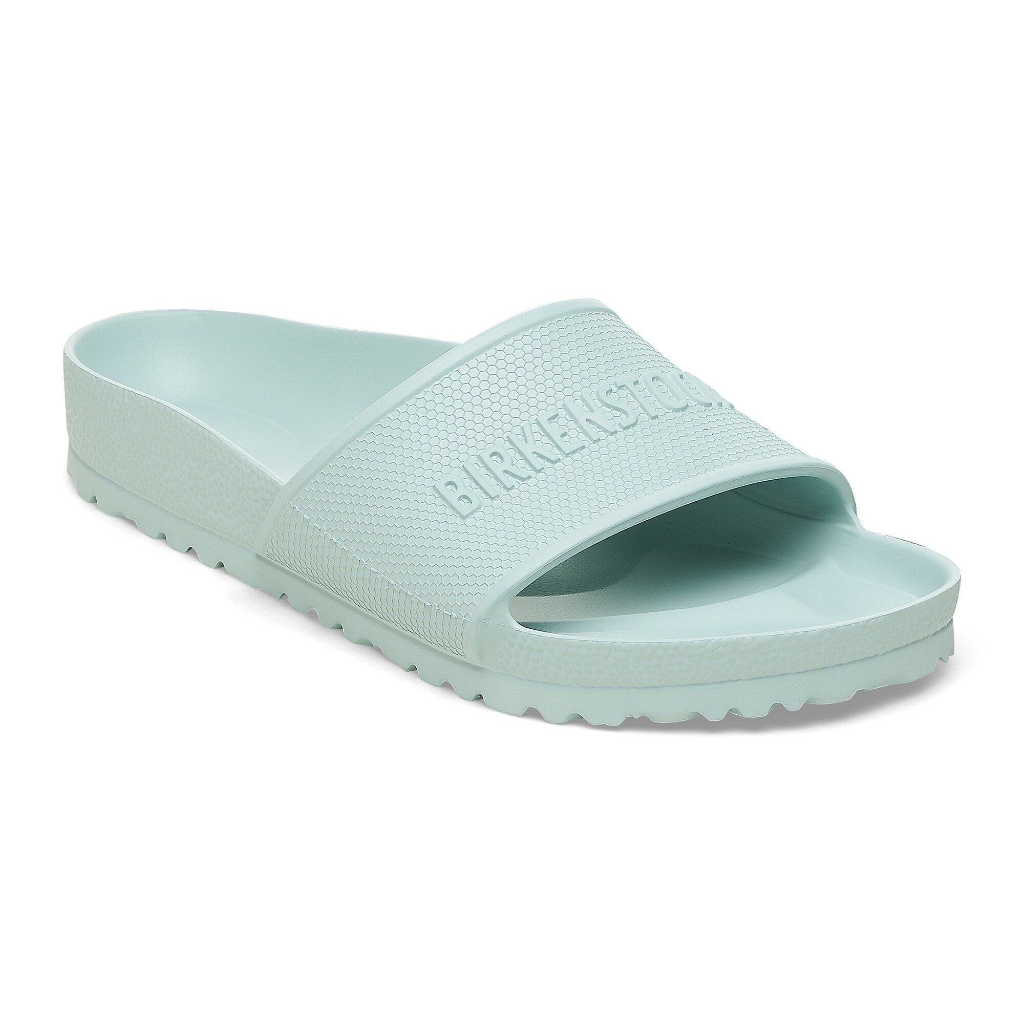 Birkenstock Barbados EVA slide in surf green, lightweight and water-friendly with contoured footbed for comfort.