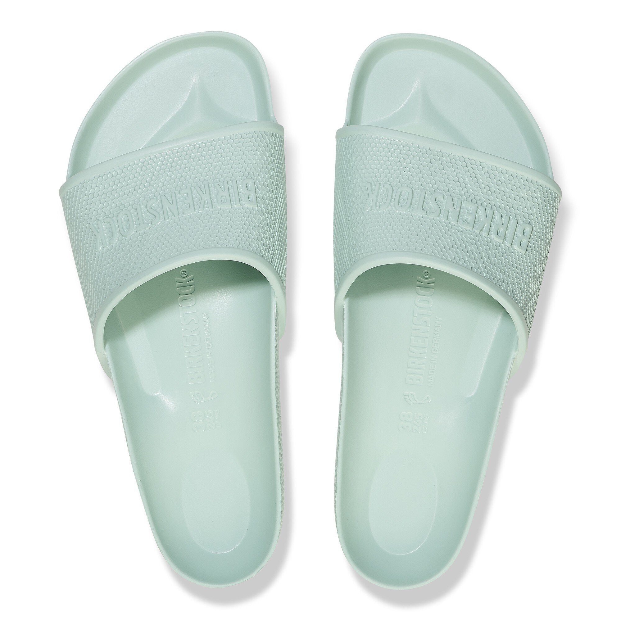 Birkenstock Barbados EVA slide sandals in surf green, lightweight, water-friendly, with contoured footbed for comfort.