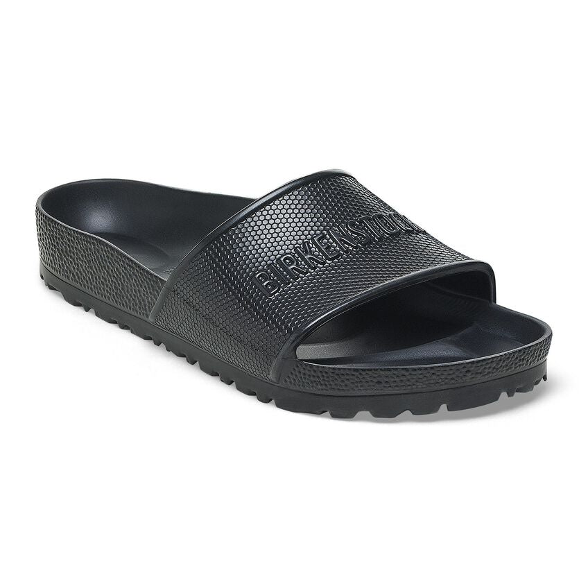 Birkenstock Barbados Essentials EVA slide sandals in black, lightweight and water-friendly, featuring a contoured footbed.