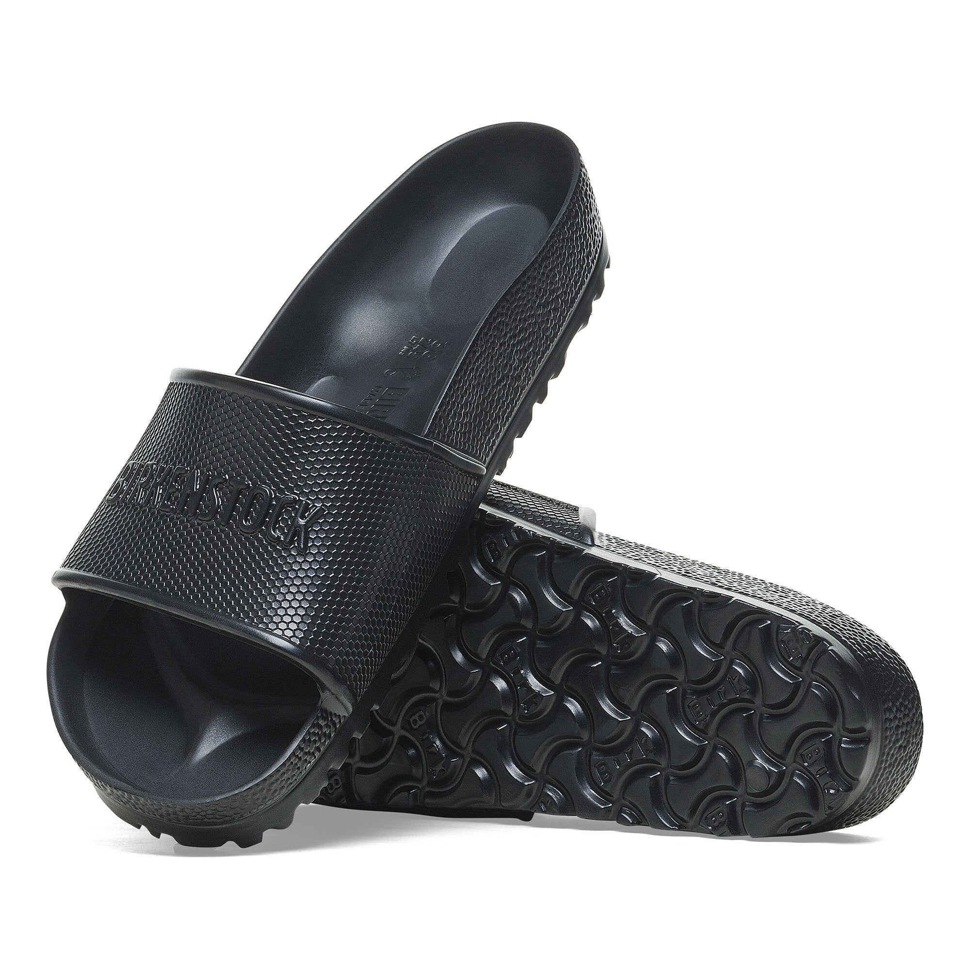 Birkenstock Barbados Essentials EVA Black slide sandals, lightweight, water-friendly, with contoured footbed for comfort.