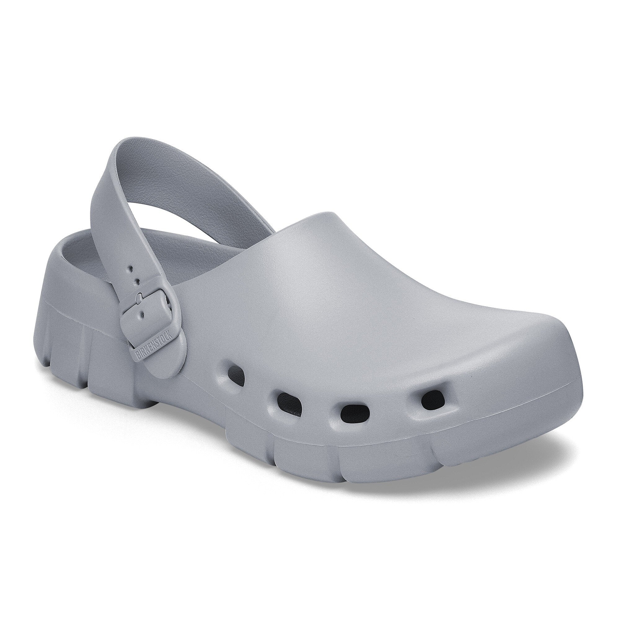 Birkenstock Birki Flow EVA clog in stone color with adjustable backstrap, perfect for post-sport recovery.