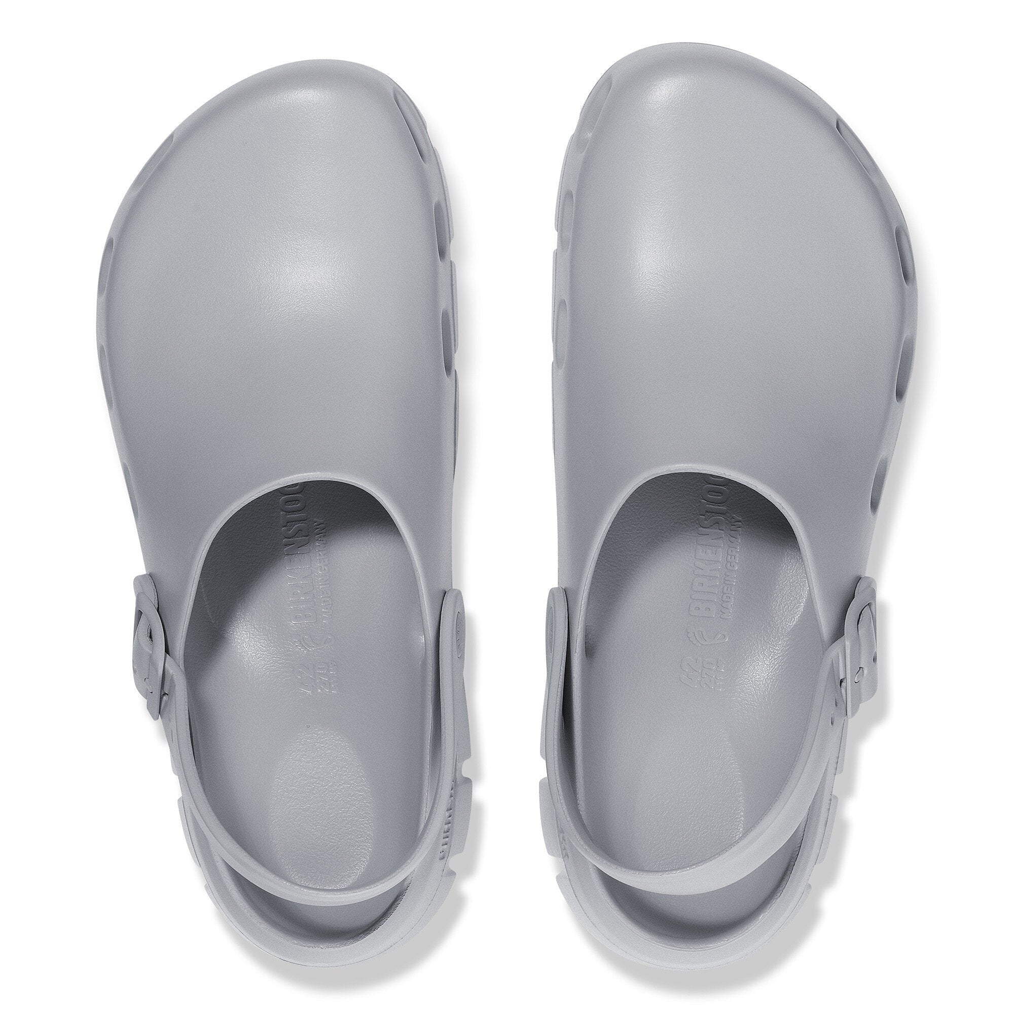 Birkenstock Birki Flow EVA clogs in stone gray, featuring a breathable water-friendly design and adjustable backstrap.
