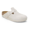 Birkenstock Boston clog in antique white suede leather with adjustable buckle and soft footbed for comfort.