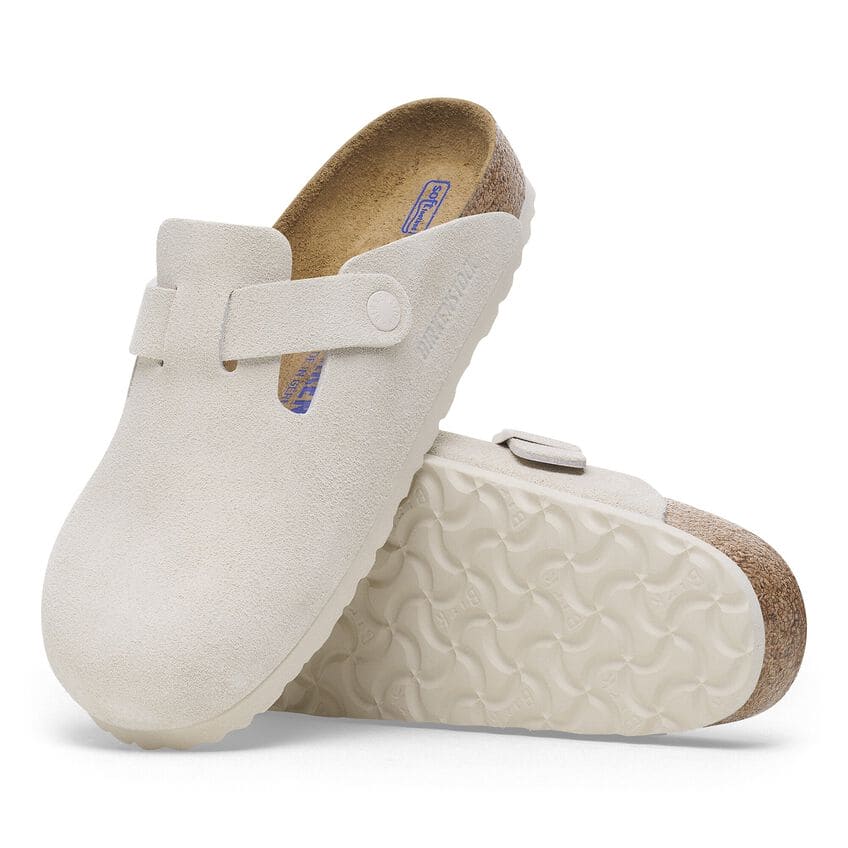 Birkenstock Women Boston Sandals in Antique white suede top pair