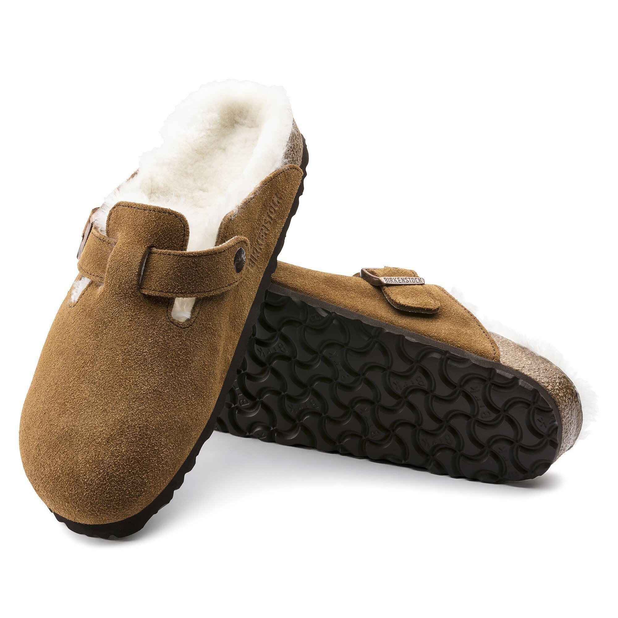 Birkenstock shoes Birkenstock Boston Shearling Suede Leather Mink close up soles