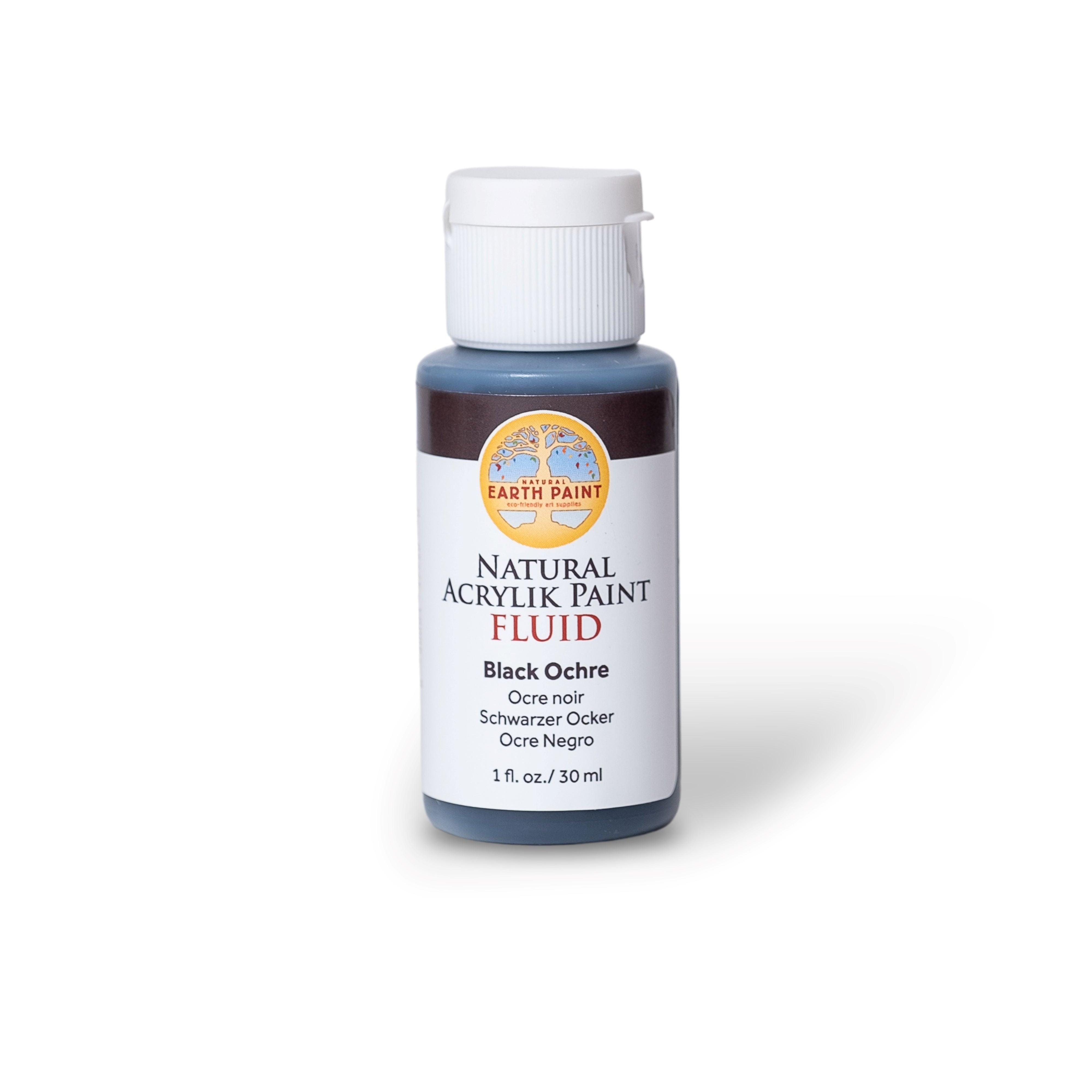 Bottle of Earthborn Natural Acrylic Paint in Black Ochre on a white background