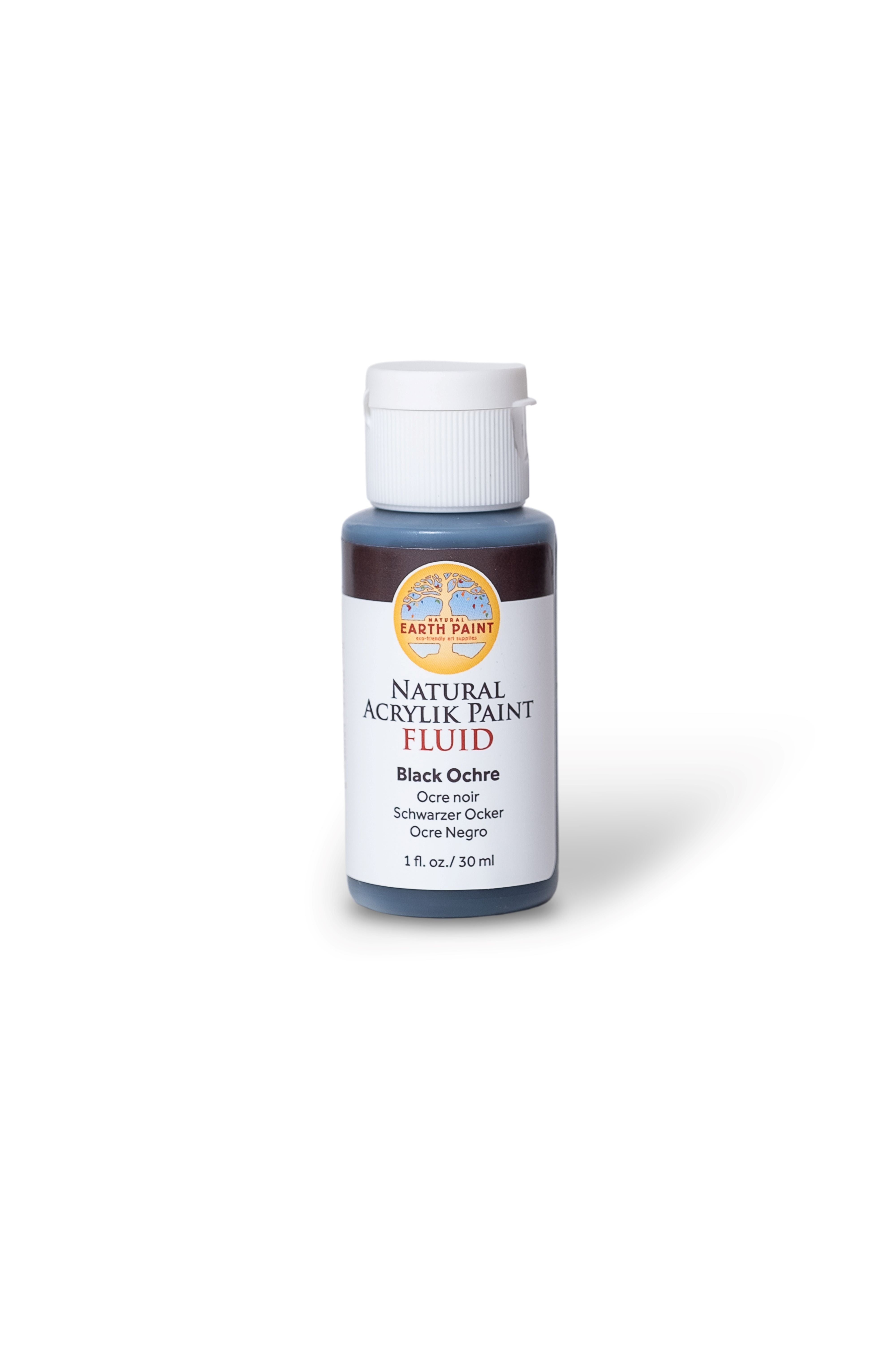 Bottle of Earthborn Natural Acrylic Paint in Black Ochre on a white background