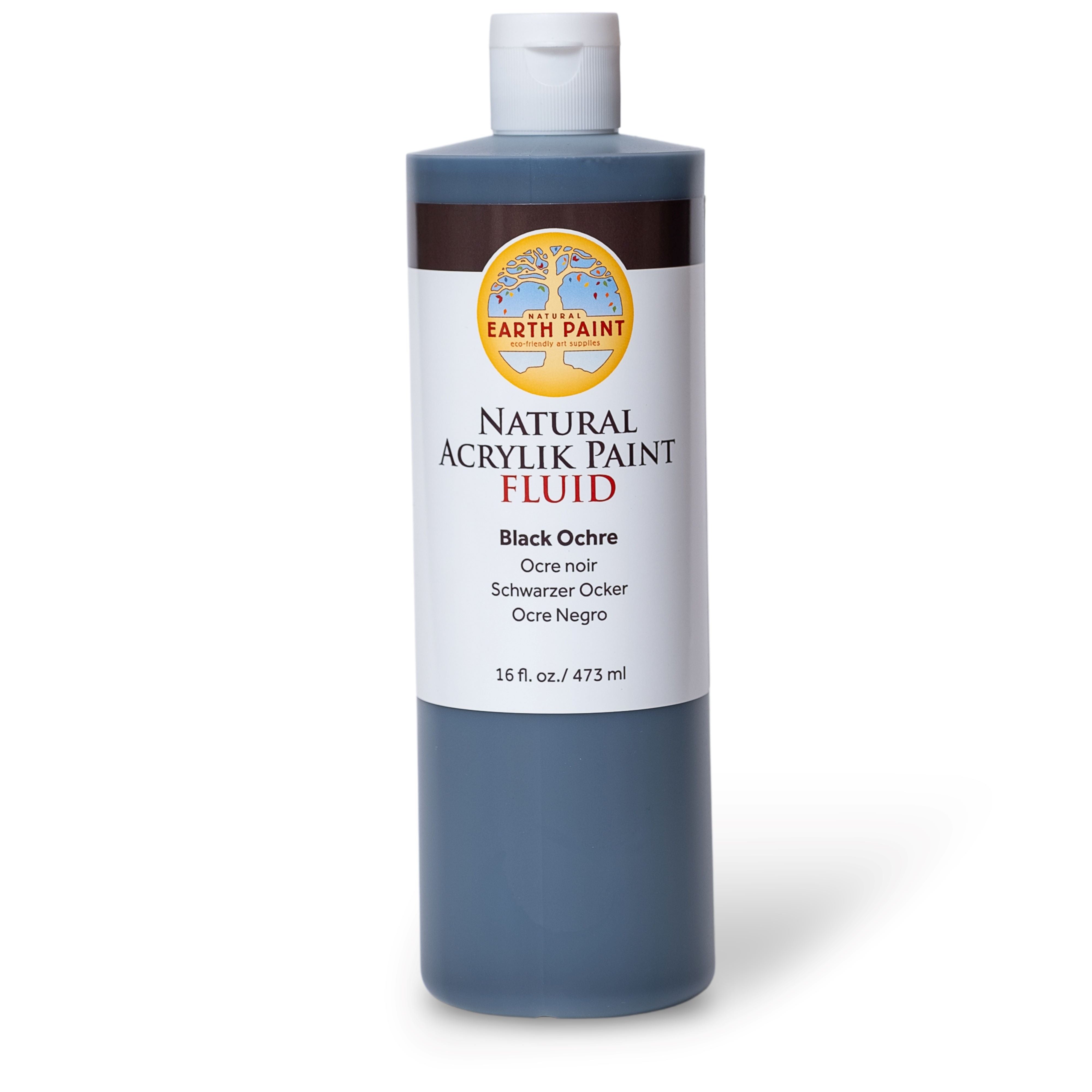 Bottle of Earth Paint Natural Acrylic Paint Fluid in Black Octre on a white background