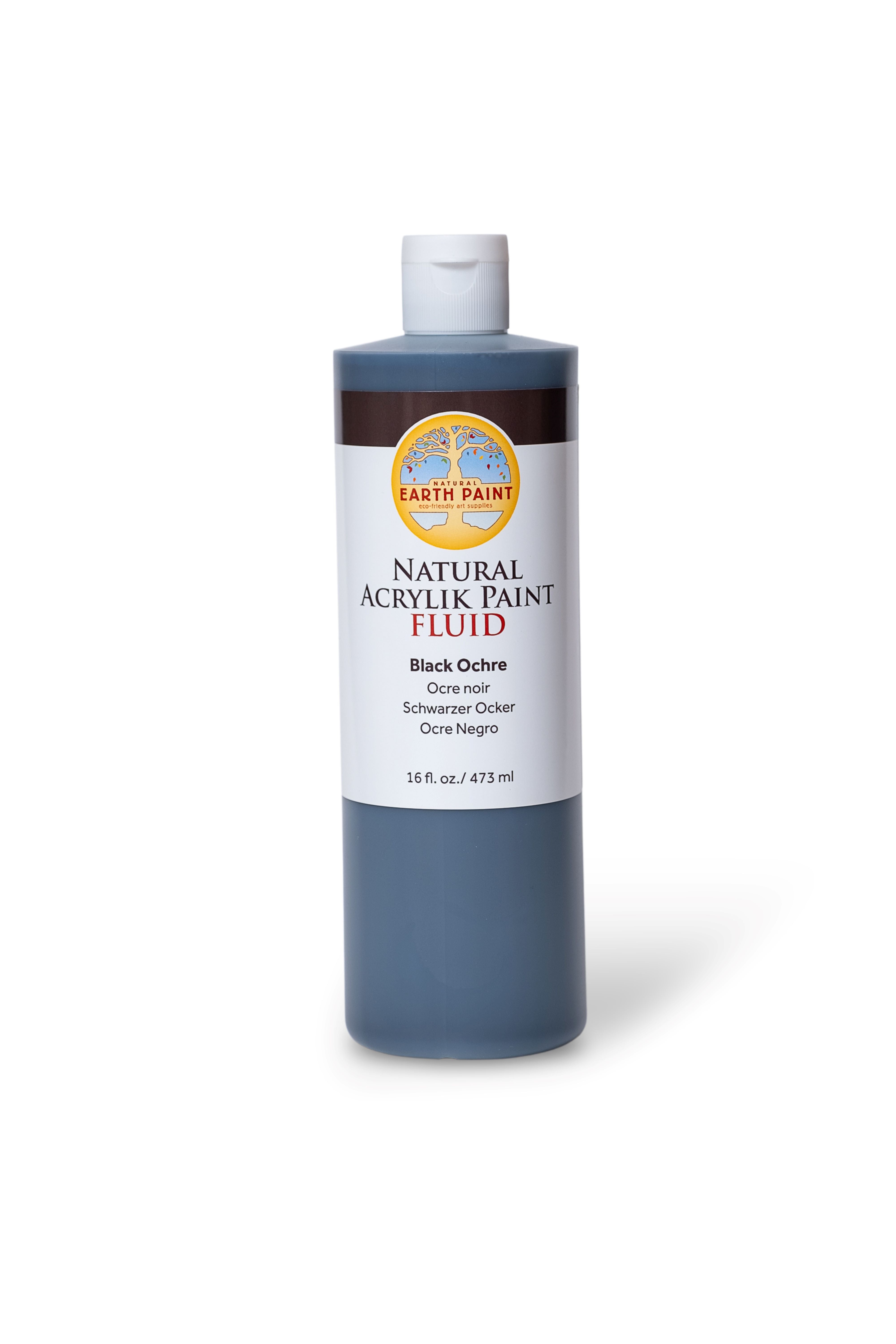 Bottle of Earth Paint Natural Acrylic Paint Fluid in Black Octre on a white background