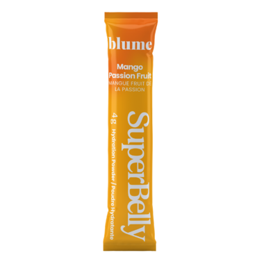SuperBelly hydration drink powder in mango passionfruit flavor with fresh fruits and a refreshing glass of drink.