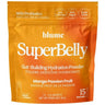 SuperBelly hydration drink powder in mango passionfruit flavor with fresh fruits and a refreshing glass of drink.