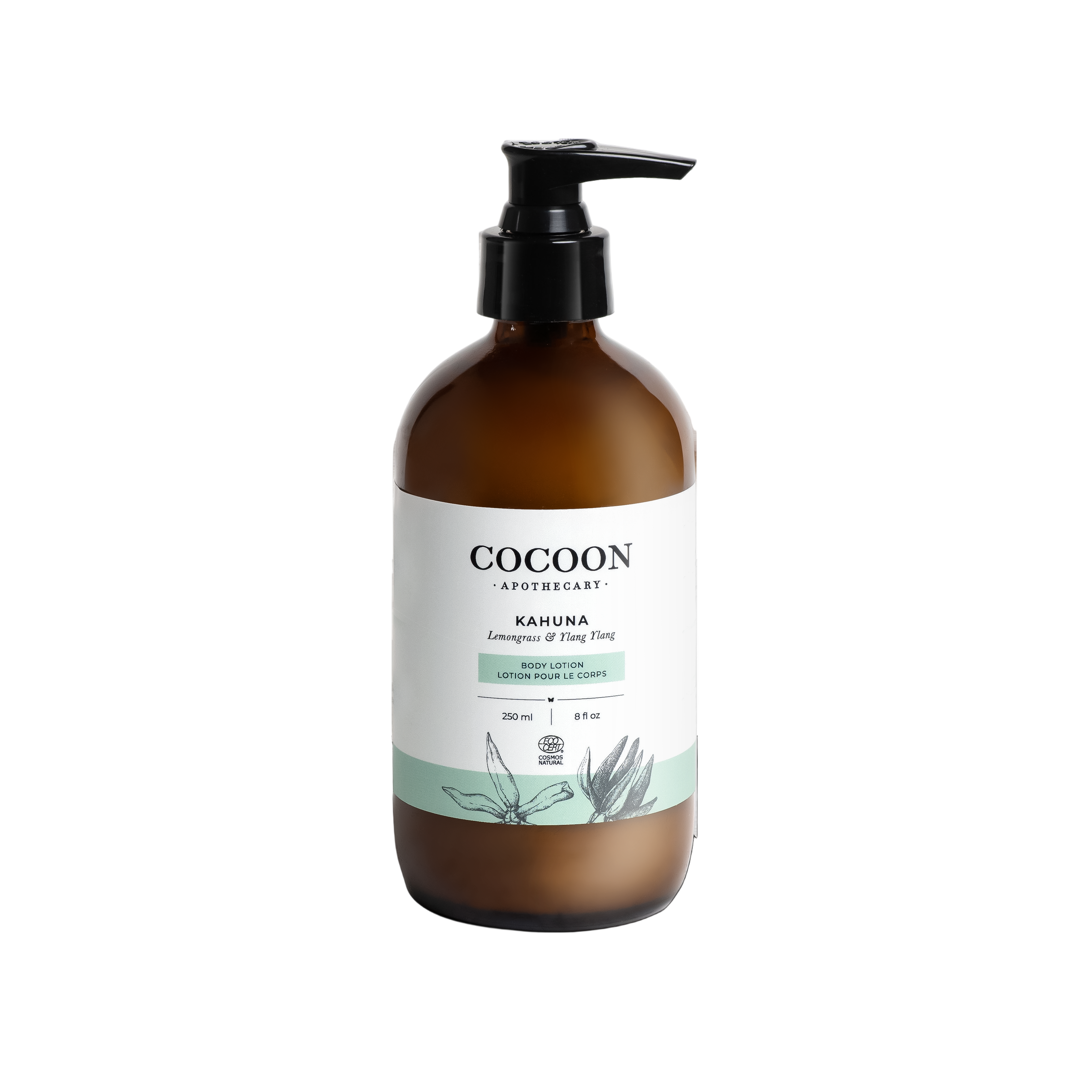 Brown bottle with pump and 'Cocoon' label on a white background