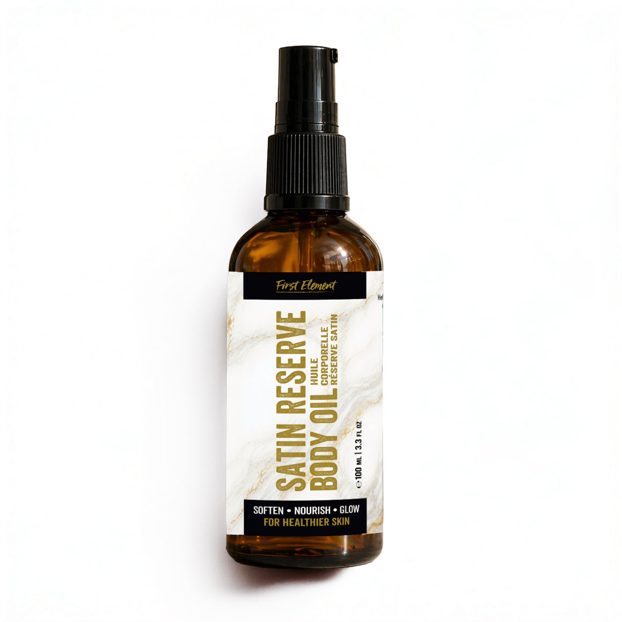 Brown bottle of Satin Reserve Body Oil with a white label on a white background