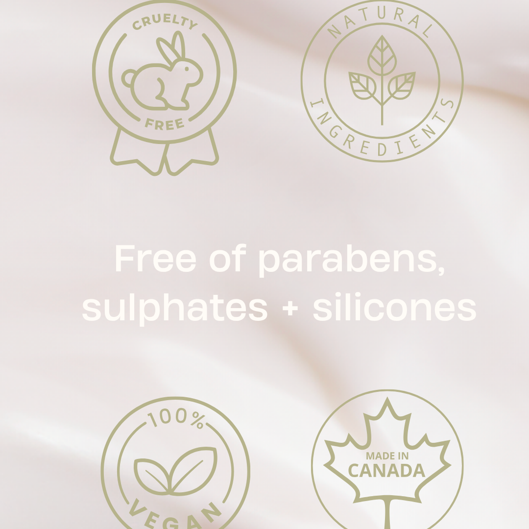 Certification logos for cruelty-free, natural ingredients, 100% vegan, and made in Canada on a light pink background.
