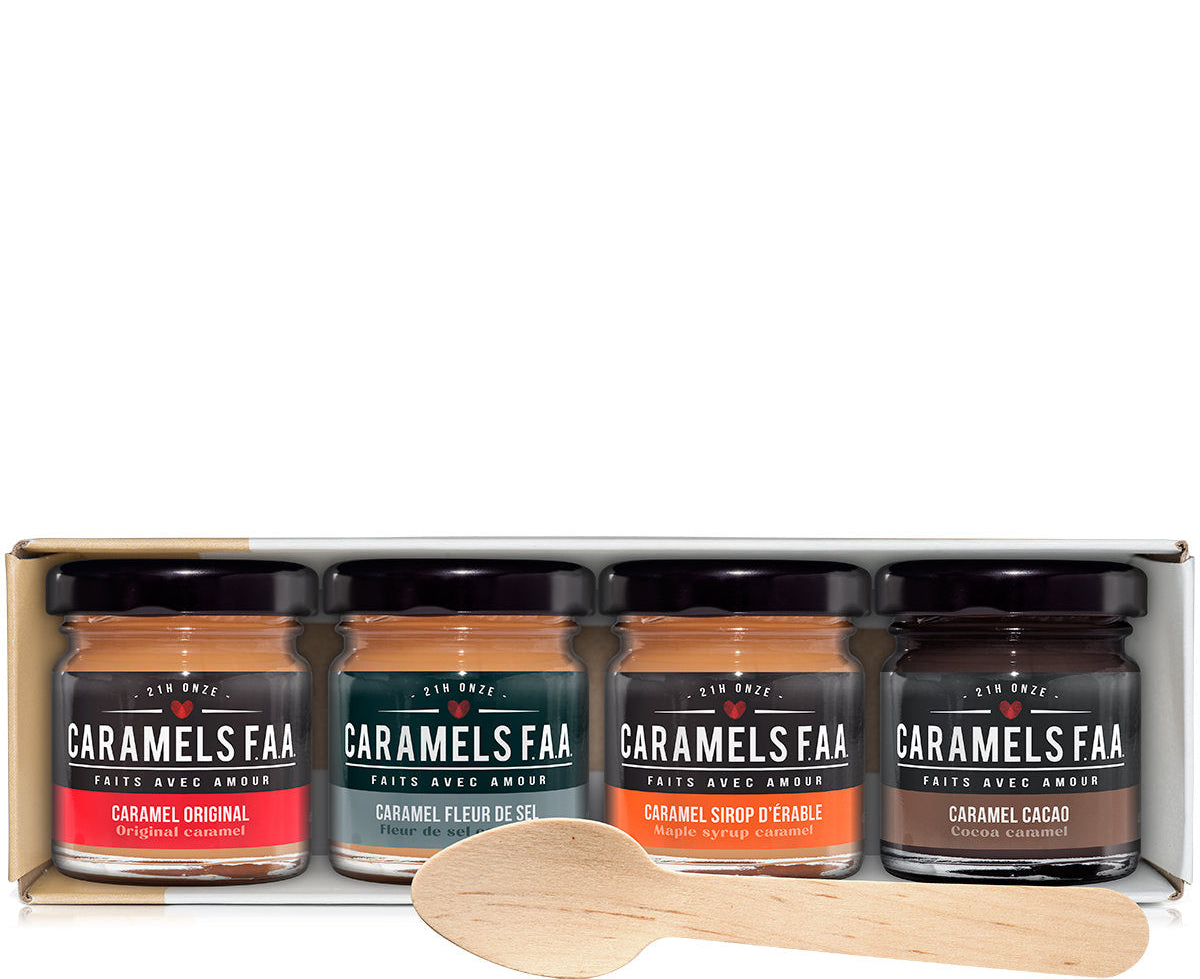 Four jars of Caramels & Faas with a wooden spoon on a white background