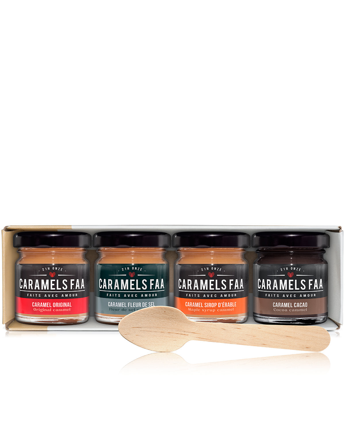Four jars of Caramels & Faas with a wooden spoon on a white background