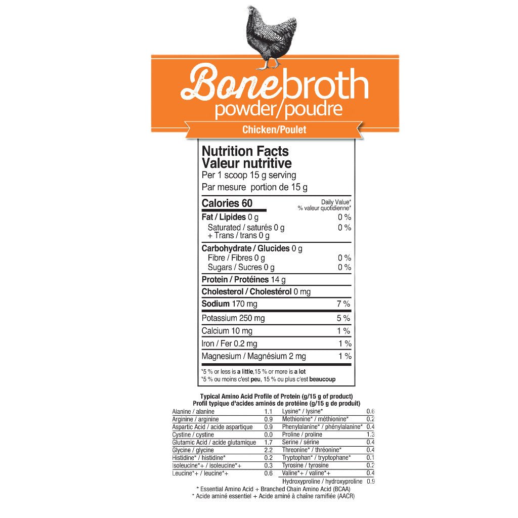 Package label for Bonebroth powder, Chicken/Poulet flavor, showing the orange Bonebroth logo with a chicken silhouette, a Nutrition Facts panel, and an amino acid profile table